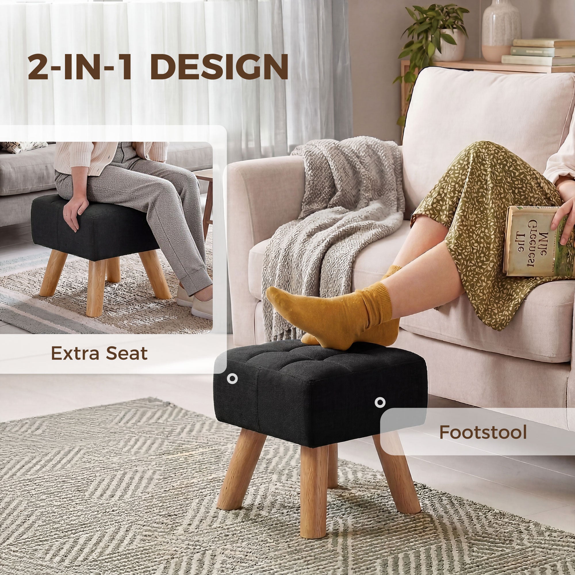 HOMCOM Linen-Look Square Padded Footstool - Black