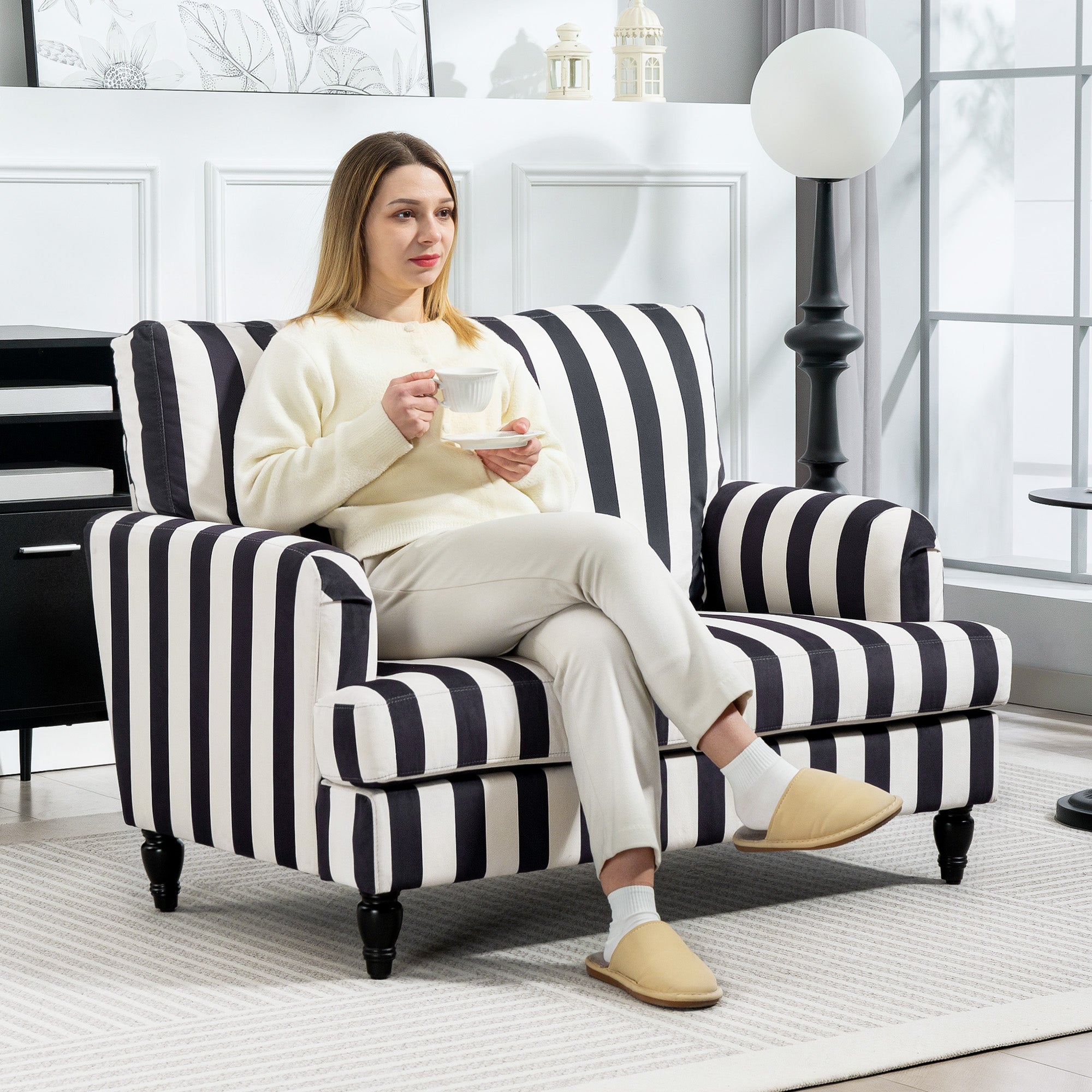 HOMCOM Modern Accent Chair, Velvet Single Sofa Armchair with Stripe, Turned Legs and Wide Seat, Upholstered Snuggle Chair for Living Room, Bedroom, Black and White - North Peak Garden Furniture