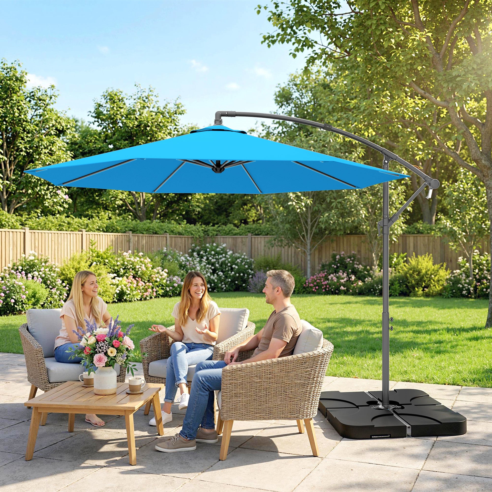 Outsunny 3m Overhanging Parasol, with Base, Weights and Cover - Blue