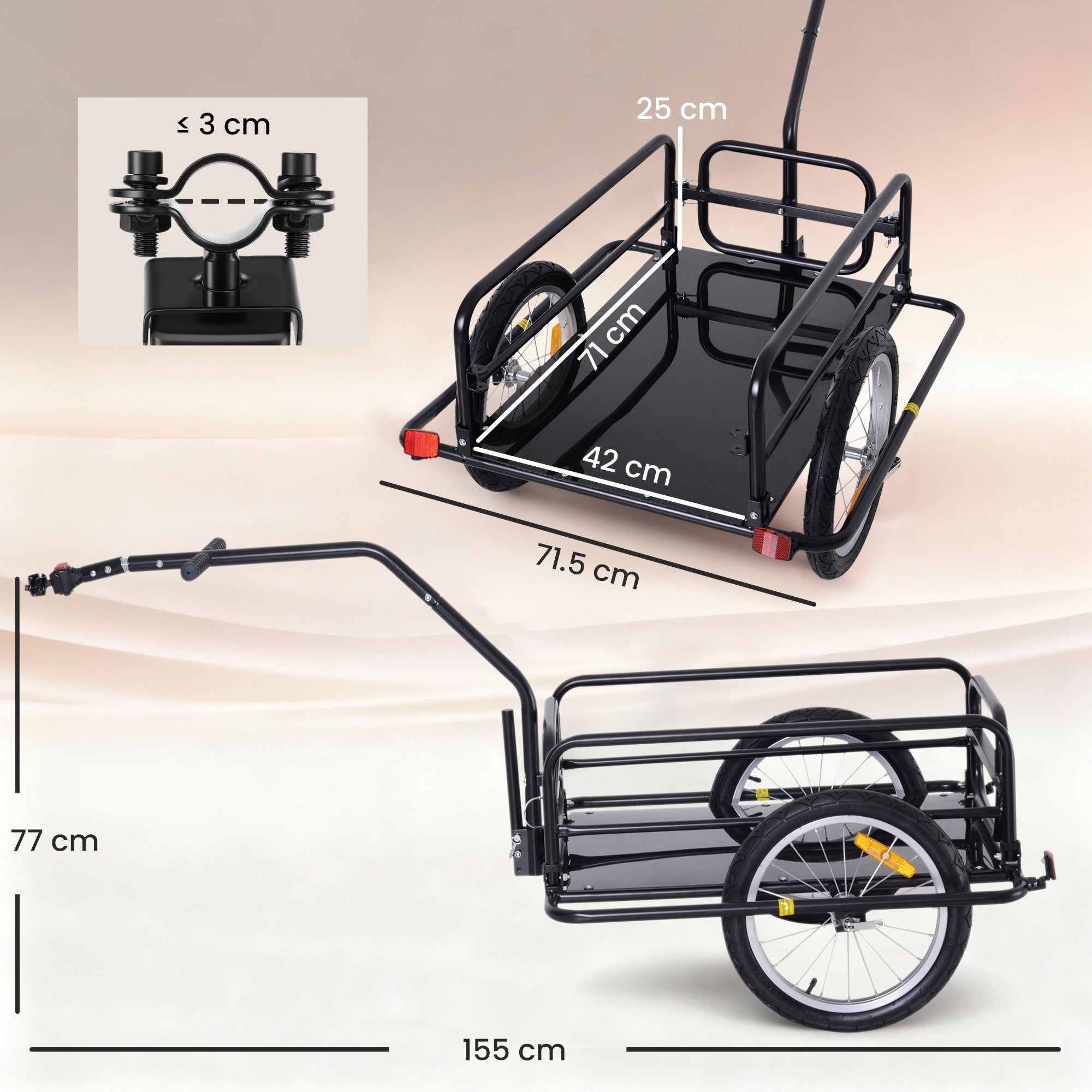 HOMCOM Bike Cargo Trailer Bicycle Cargo Storage Cart w/ Hitch Cycling Camping Luggage Storage Carrier Transport Steel Black