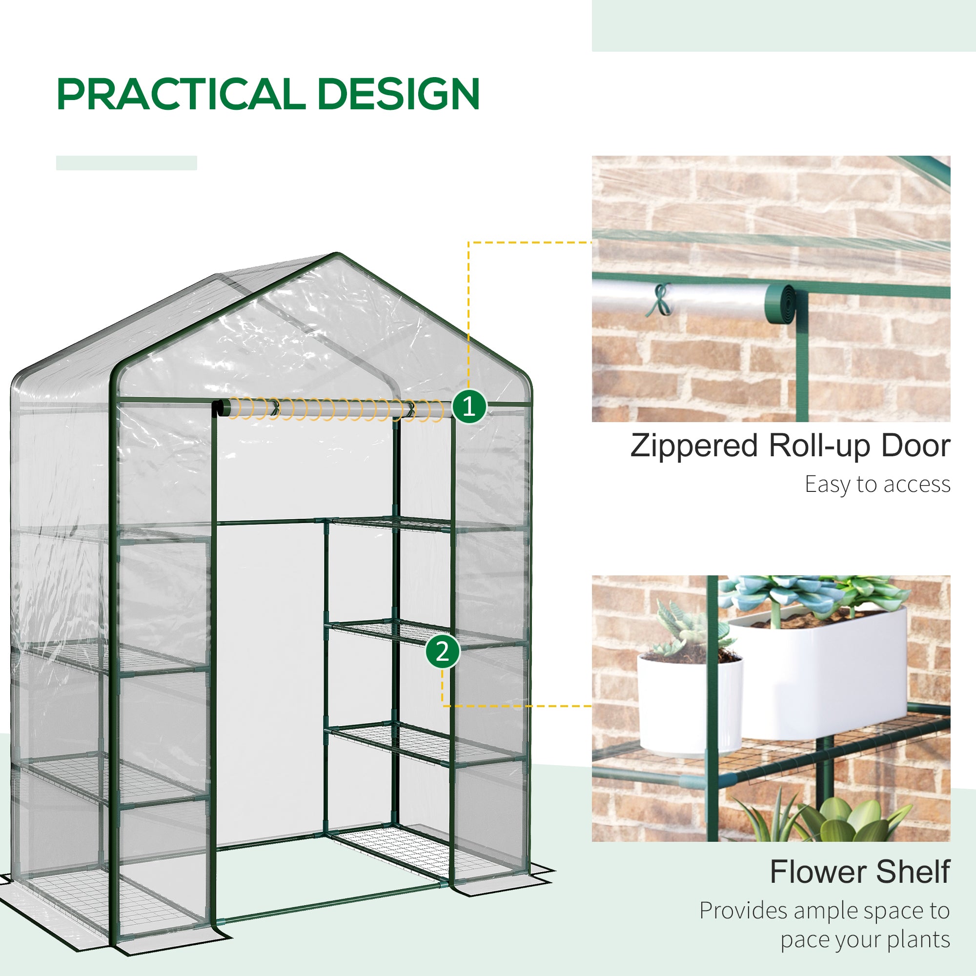 Outsunny Walk in Greenhouse with 4-Tier 8 Shelves, Green House with Hemmed Cover, Roll-up Zipped Door, Steel Frame, 143 x 73 x 195cm - North Peak Garden Furniture