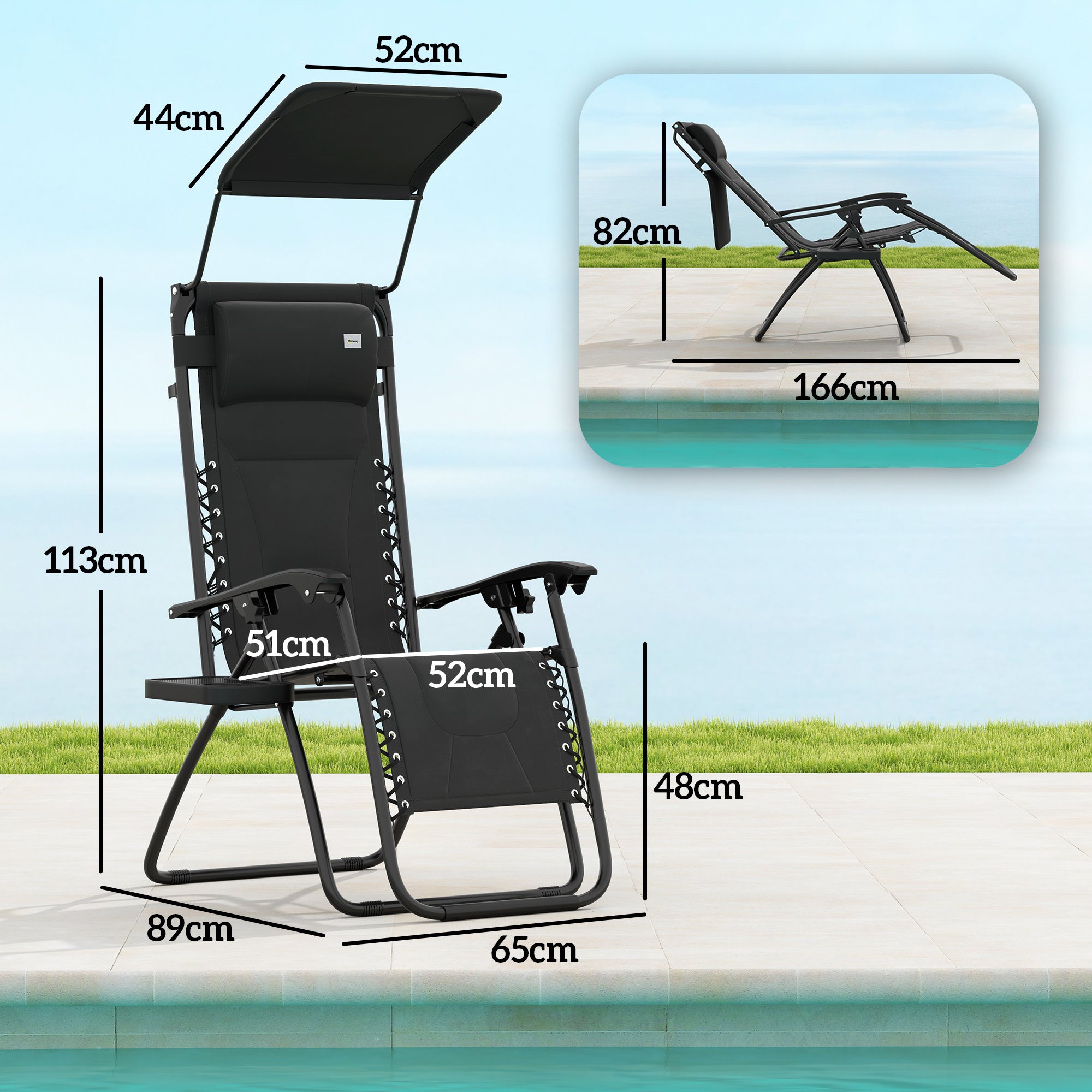 Outsunny Zero Gravity Lounger Chair Set of 2, Folding Reclining Patio Chair with Shade Cover, Padded Seat, Cup Holder, Soft Cushion and Headrest for Poolside, Camping, Black - North Peak Garden Furniture