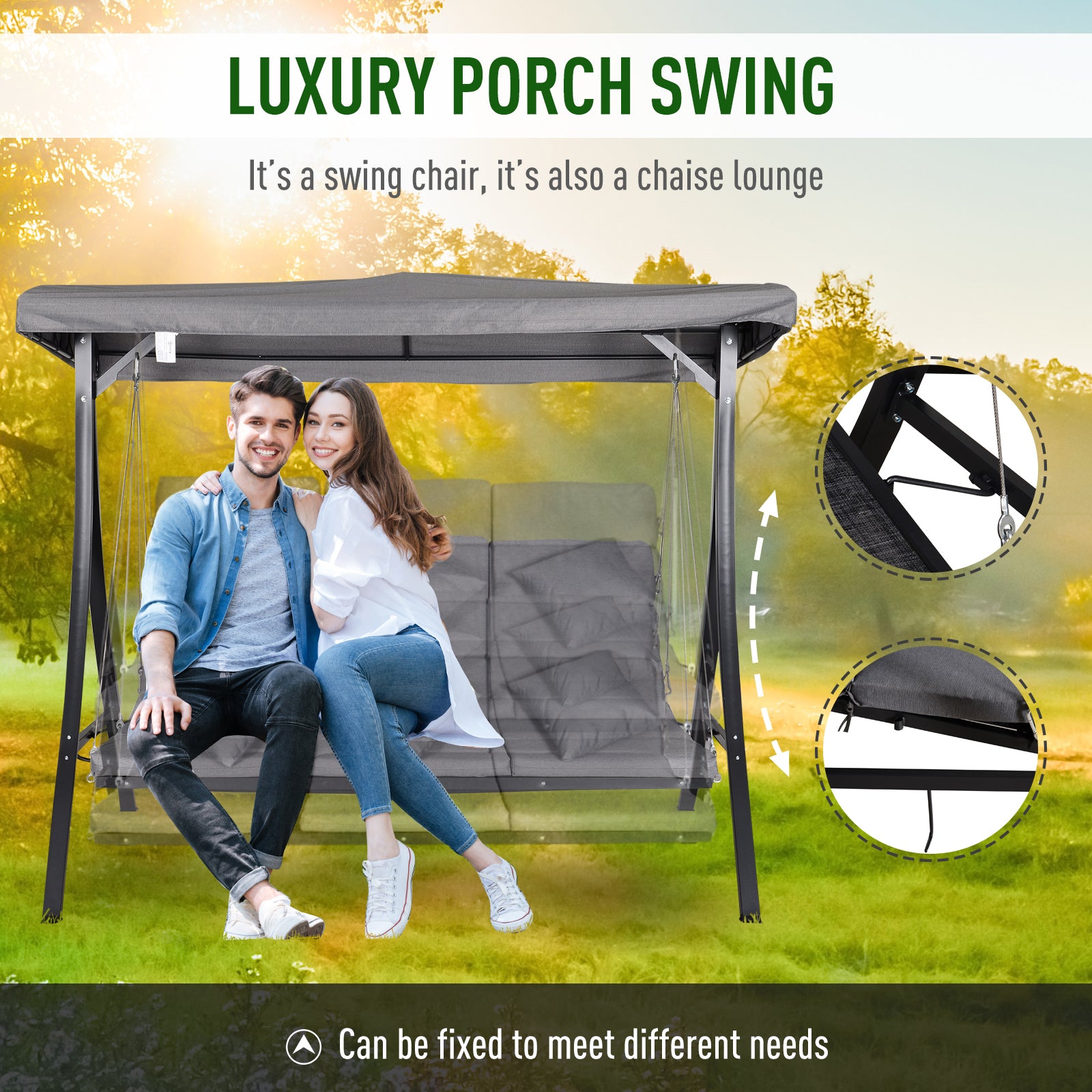 Outsunny 3 Seater Garden Swing Seat Outdoor Swing Chairs Chaise Lounge Padded Seat Hammock Canopy Porch Patio Bench Bed Recliner Sun Lounger - Grey - North Peak Garden Furniture