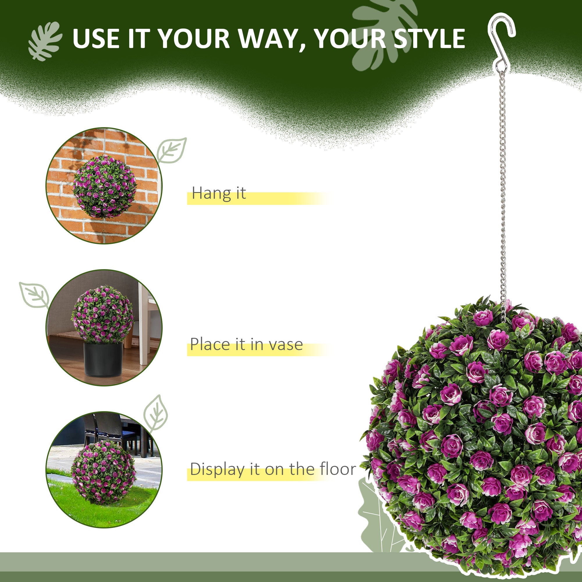 HOMCOM Set of 2 Decorative Artificial Plants, UV-protected Artificial Plant Topiary Rose Balls, Fake Plants for Home Indoor outdoor Decor, 28cm, Purple - North Peak Garden Furniture