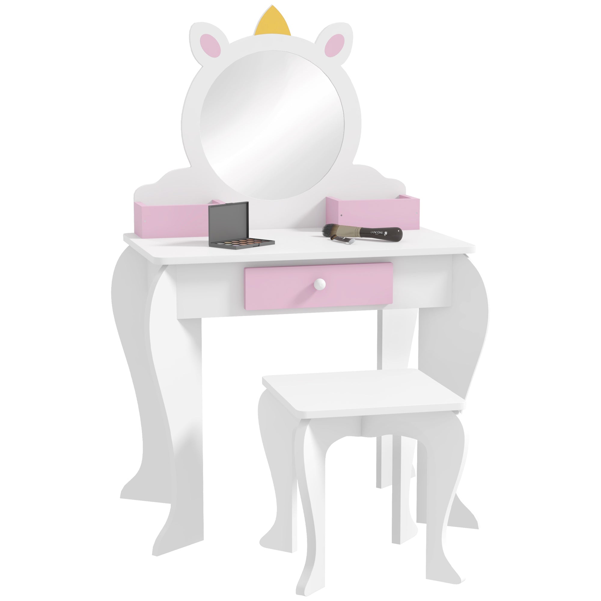 ZONEKIZ Unicorn-Design Kids Dressing Table, with Mirror and Stool - White - North Peak Garden Furniture