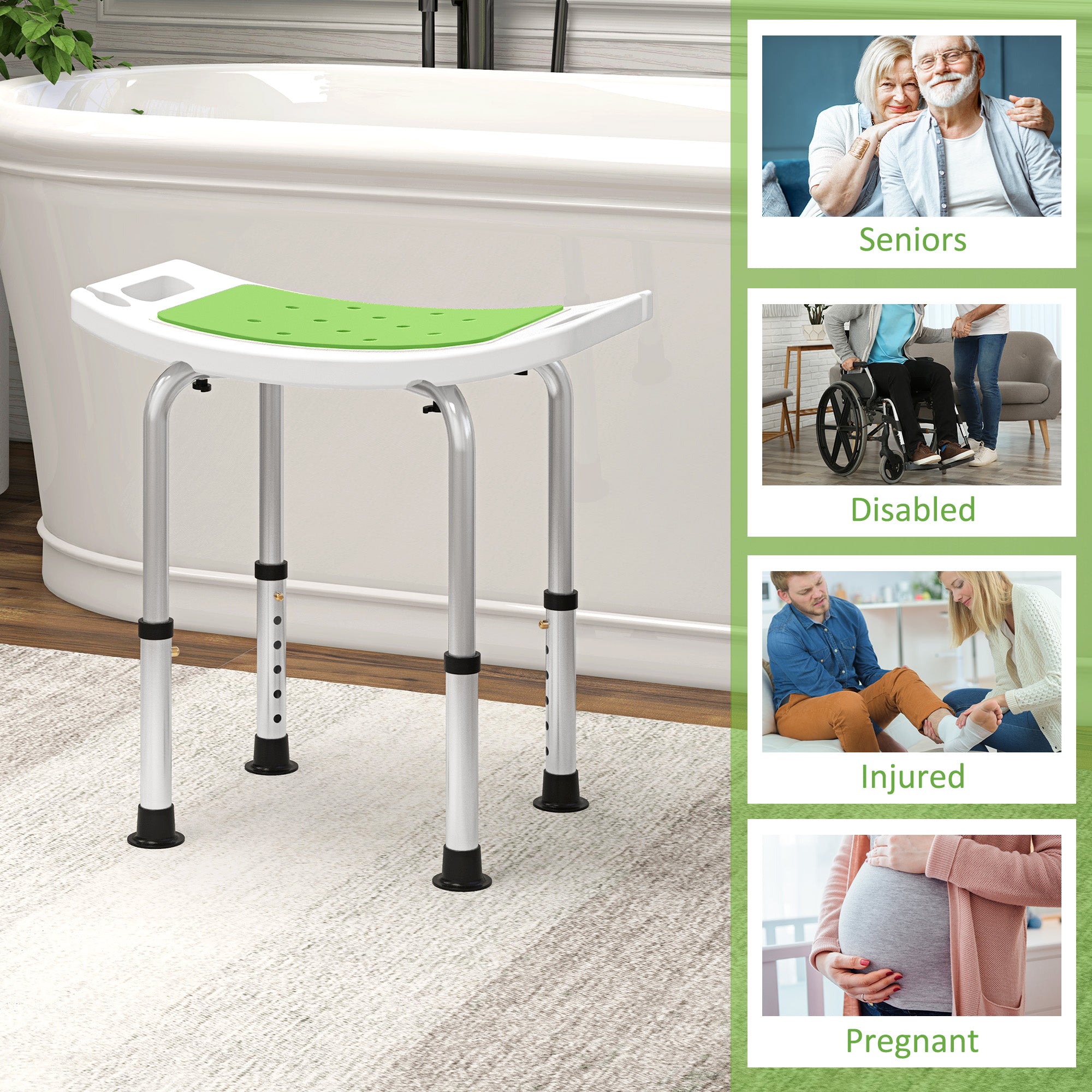 HOMCOM 6-Level Height Adjustable Aluminium Bath Room Stool Chair Shower Non-Slip Design w/ Padded Seat Drainage Holes Foot Pad, Green - North Peak Garden Furniture