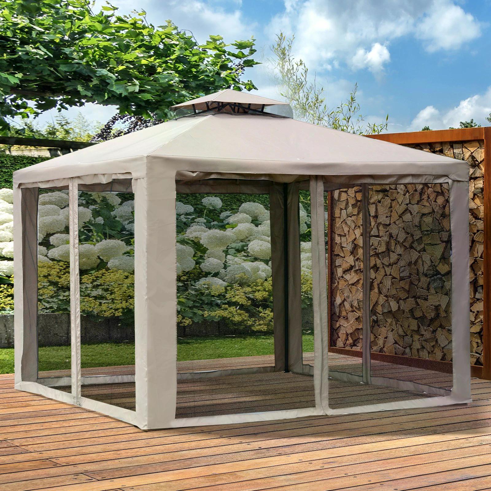 Outsunny Outdoor Gazebo, 2-tier Roof W/Netting, 295L x 295W x 263Hcm-Taupe