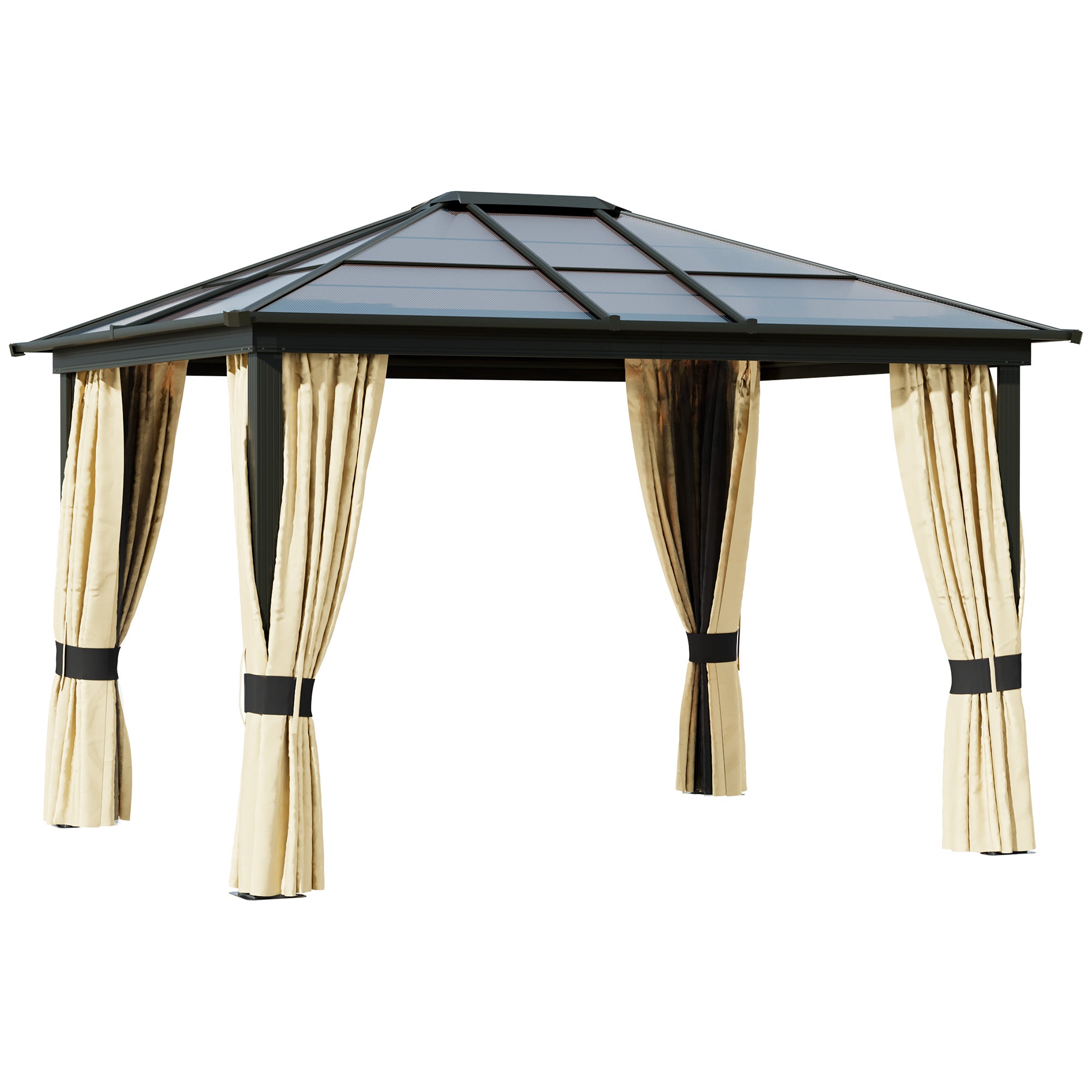 Outsunny 3 x 3.6m Polycarbonate Hardtop Gazebo with LED Solar Light and Aluminium Frame, Garden Pavilion with Mosquito Netting and Curtains - North Peak Garden Furniture
