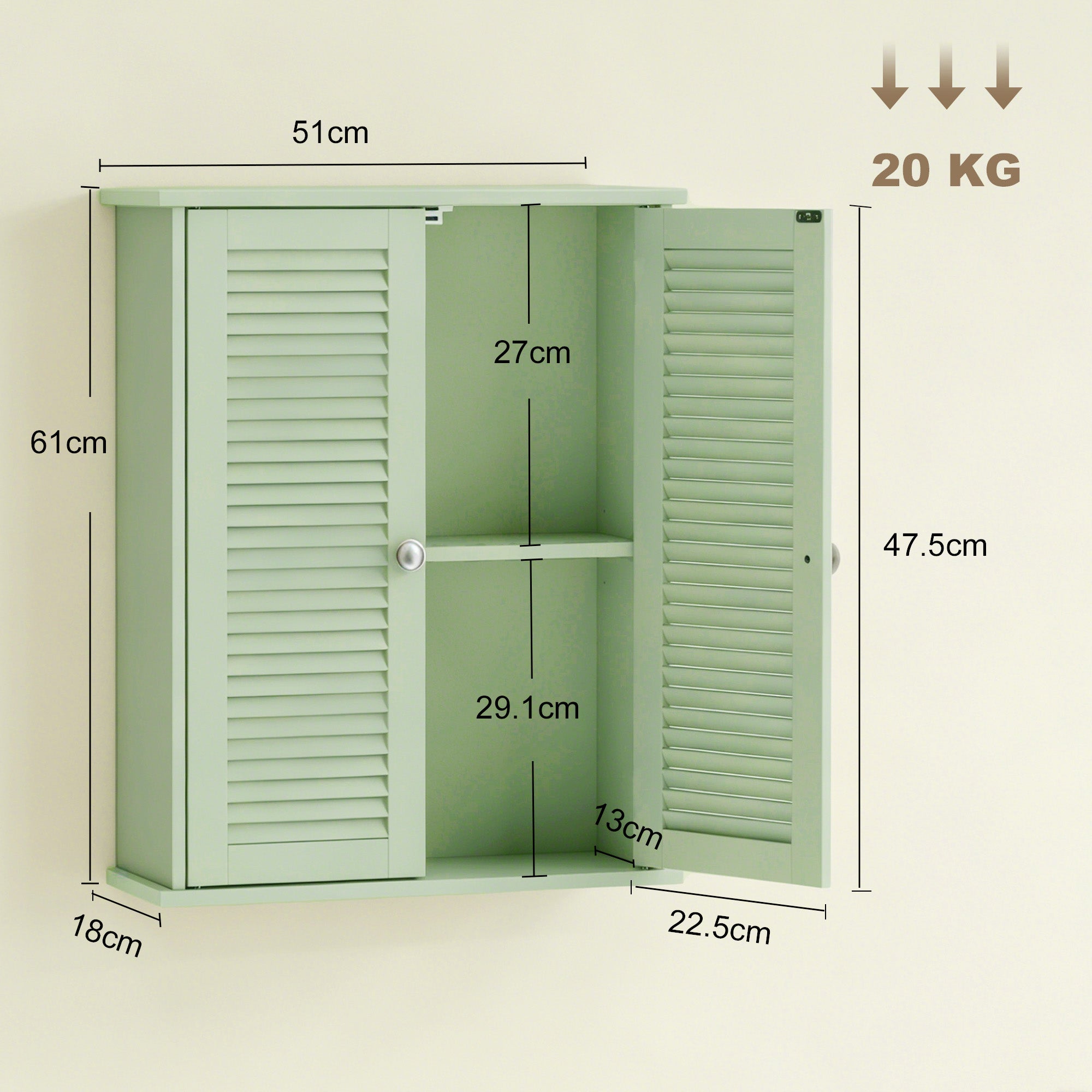 HOMCOM Bathroom Cabinet, Bathroom Wall Cabinet with Louvered Doors and Adjustable Shelf Storage for Kitchen, Light Green