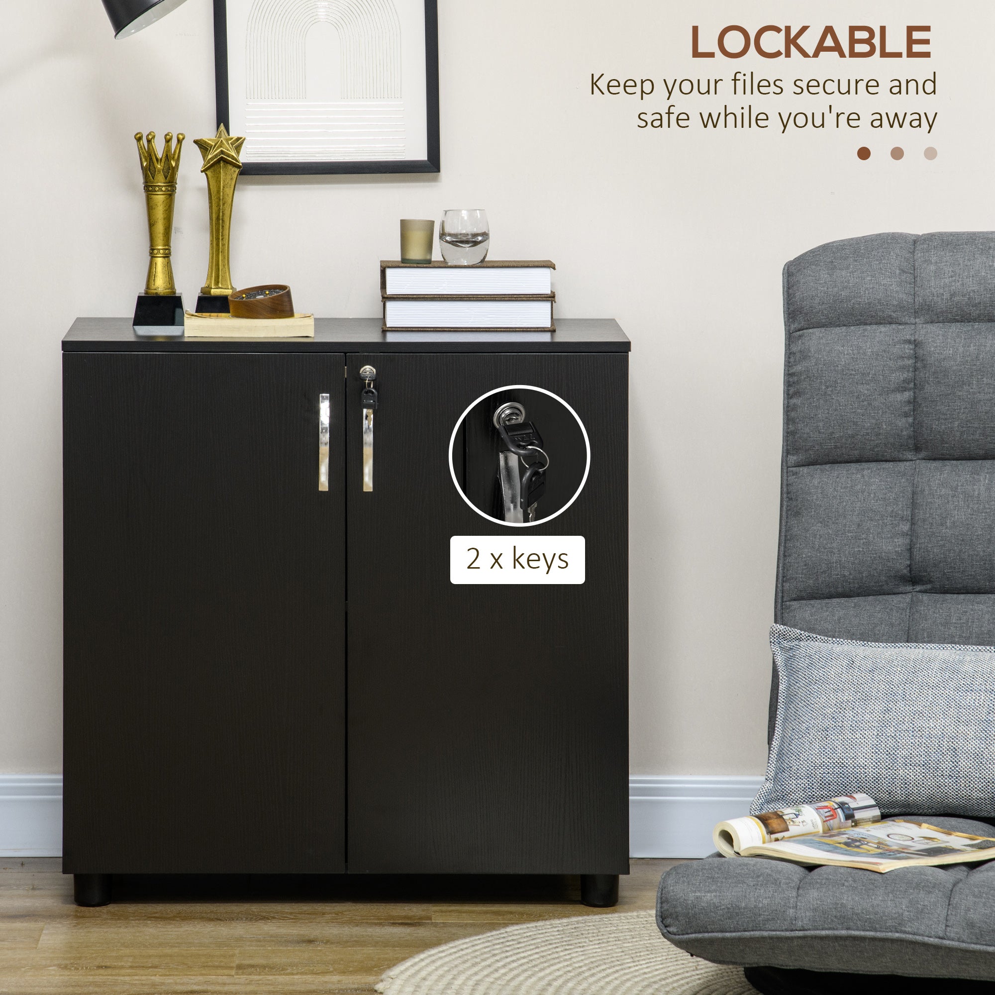 Vinsetto Lockable Office Storage Cabinet 2-Tier Filing Cabinet w/ Feet 2 Keys Melamine Coating Aluminium Handles Home Office Printer Stand Black - North Peak Garden Furniture