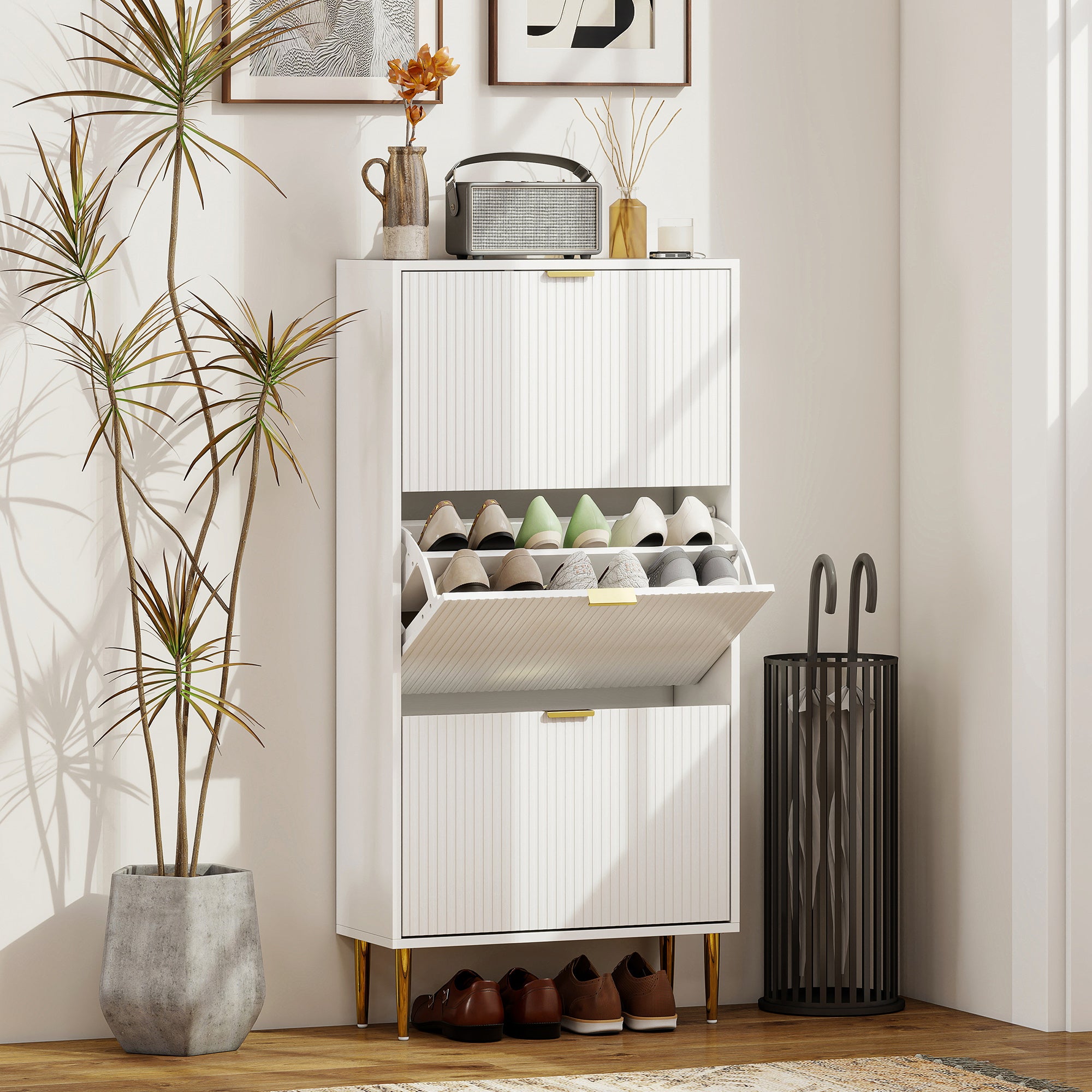 HOMCOM Elegant Three-Drawer Shoe Cabinet - White