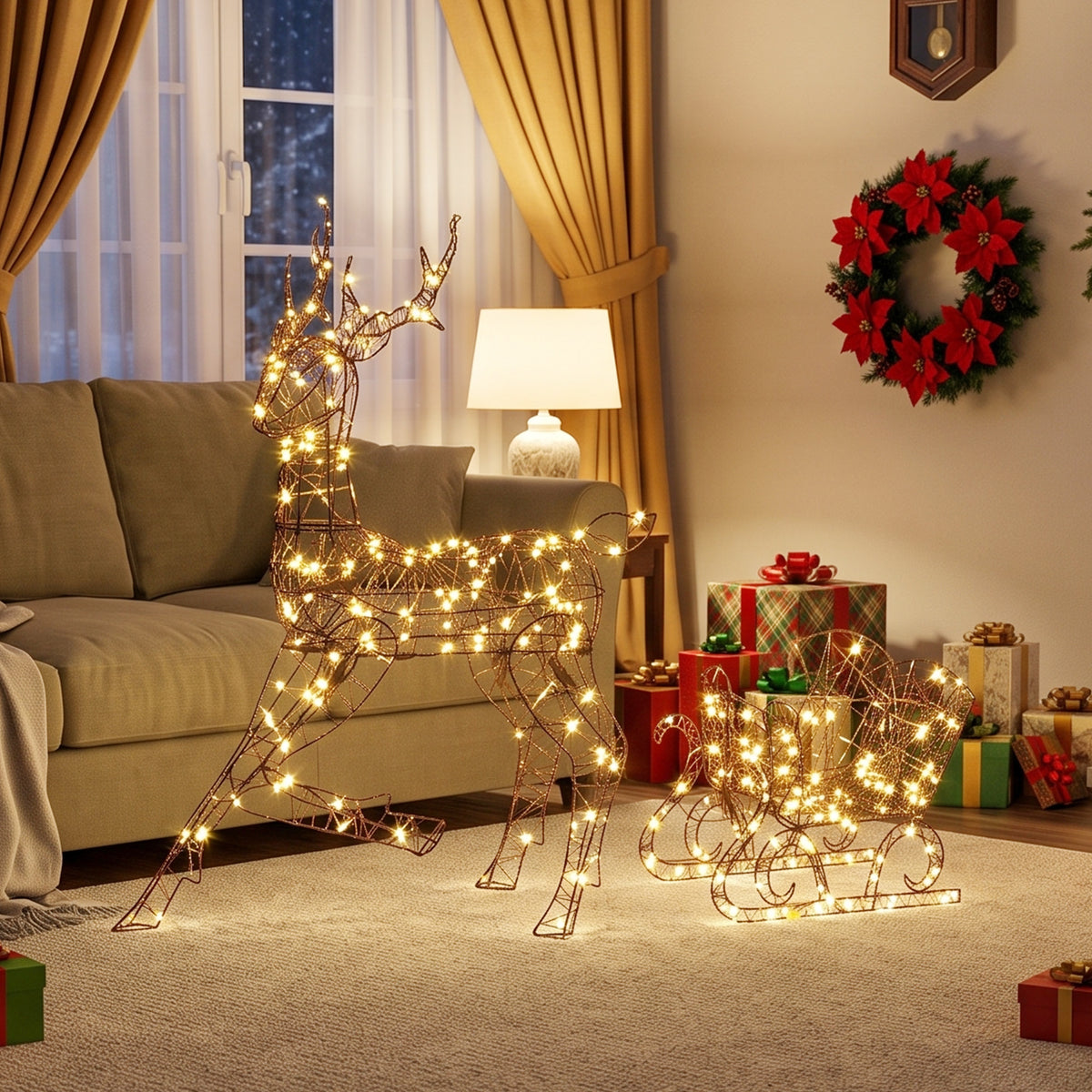 Outsunny Lighted Reindeer and Sleigh Set, 2-Piece PP Rattan Outdoor Christmas Decoration with LEDs, 8 Modes, Daily Timer