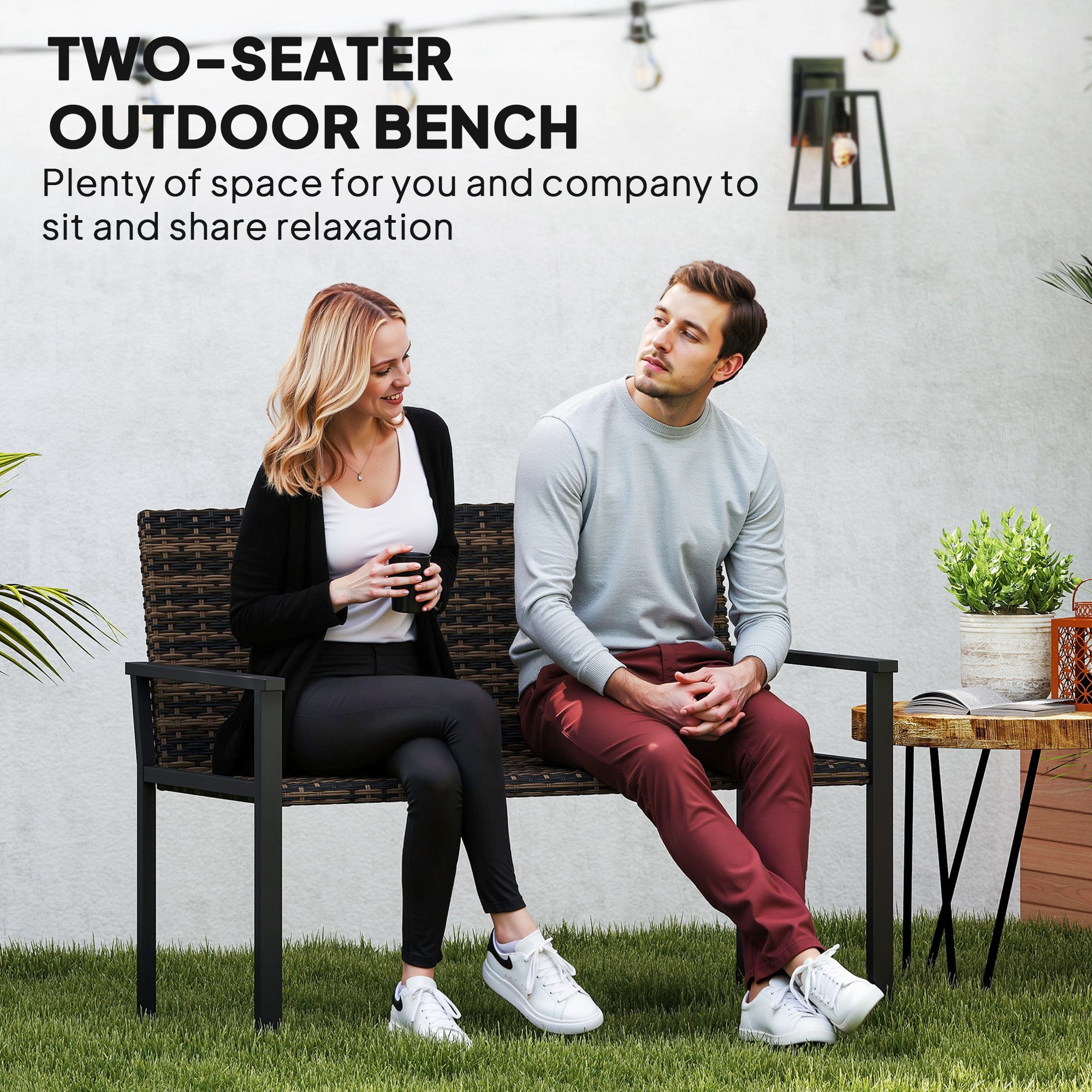 Outsunny 2 Seater Rattan Garden Bench, Outdoor Bench with Quick-Drying Cotton Padding, Wicker Garden Loveseat with Armrests, Steel Frame for Patio, Park, Mixed Brown - North Peak Garden Furniture