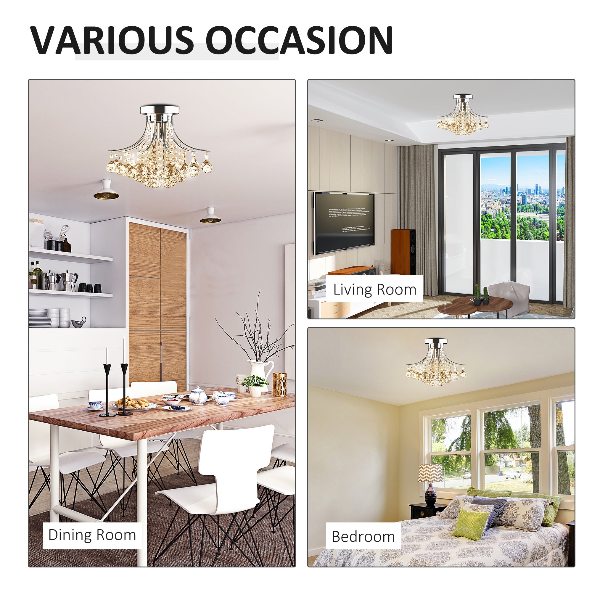 HOMCOM 3 Lights Mordern Style Ceiling Chandelier Pendant Crystal Light w/ Transparent K9 Crystal Droplets D40 X 28H (CM)