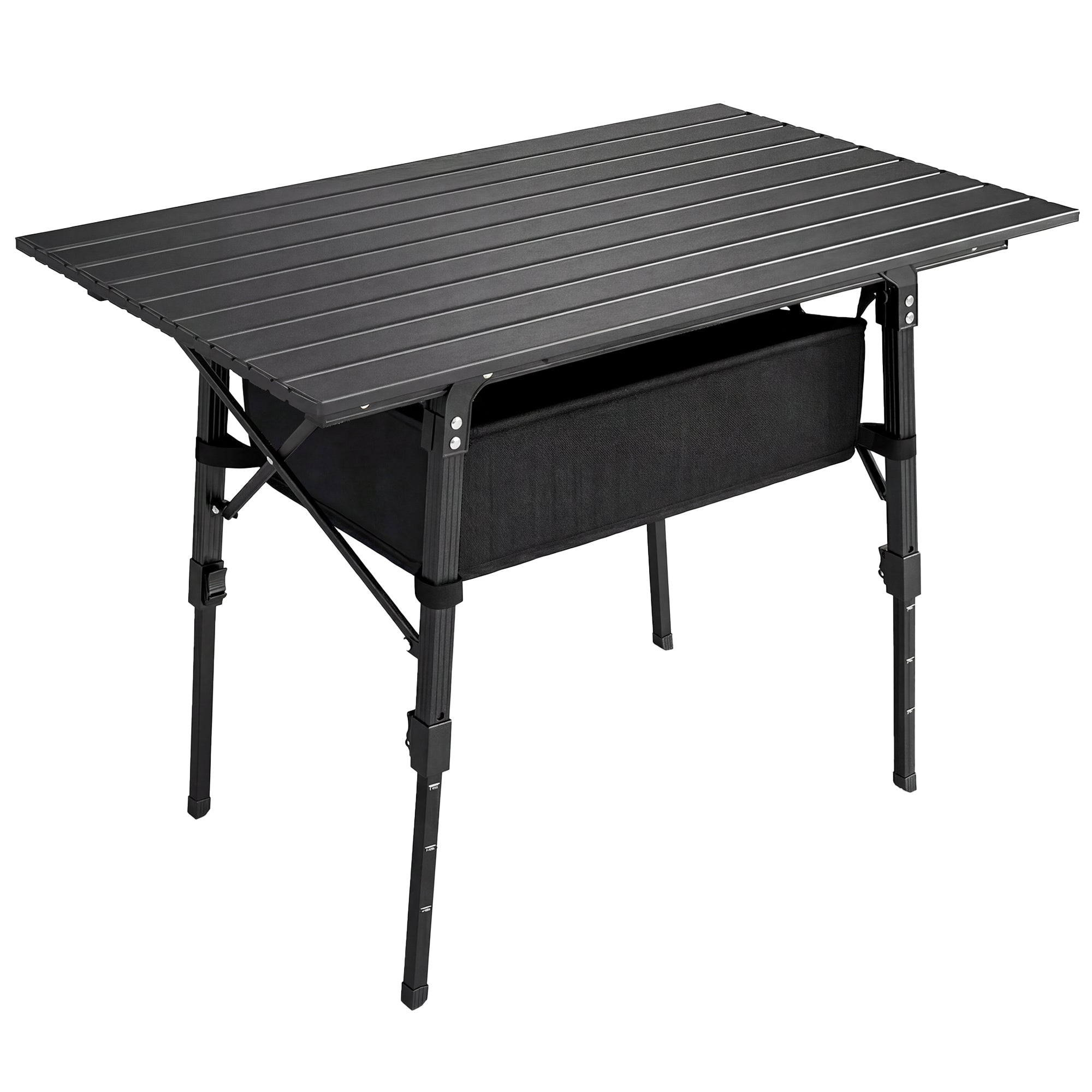 Outsunny Folding Camping Table, 90 x 55 cm Height Adjustable Portable Collapsible Table, 3ft Lightweight Aluminium Rollup Picnic Table with Storage Basket for Outdoor Garden Party BBQ, Black