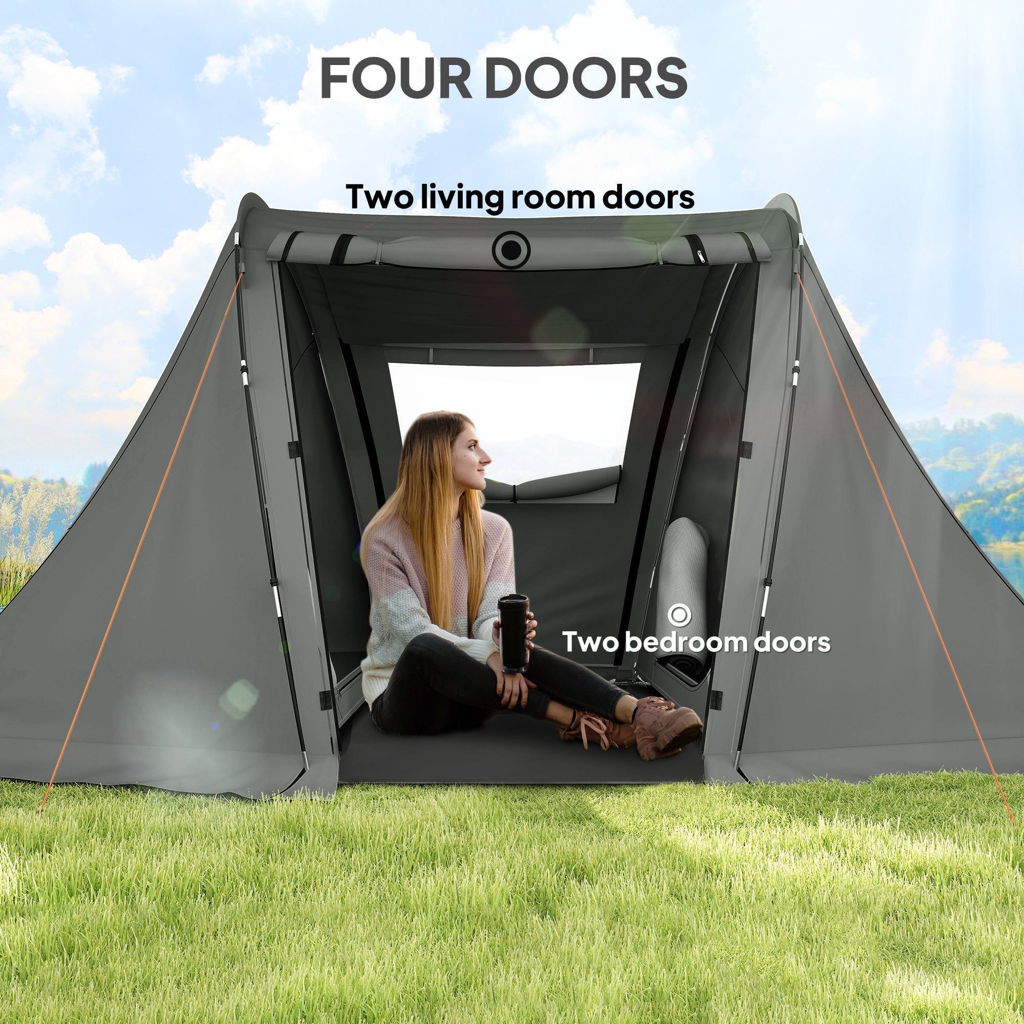 Outsunny 3 Man Camping Tent with Living Area and 2 Bedrooms, 3000mm Waterproof Family Tent with Sewn-in Groundsheet, Portable with Bag for Hiking, Festival, Backpacking, Drak Grey - North Peak Garden Furniture