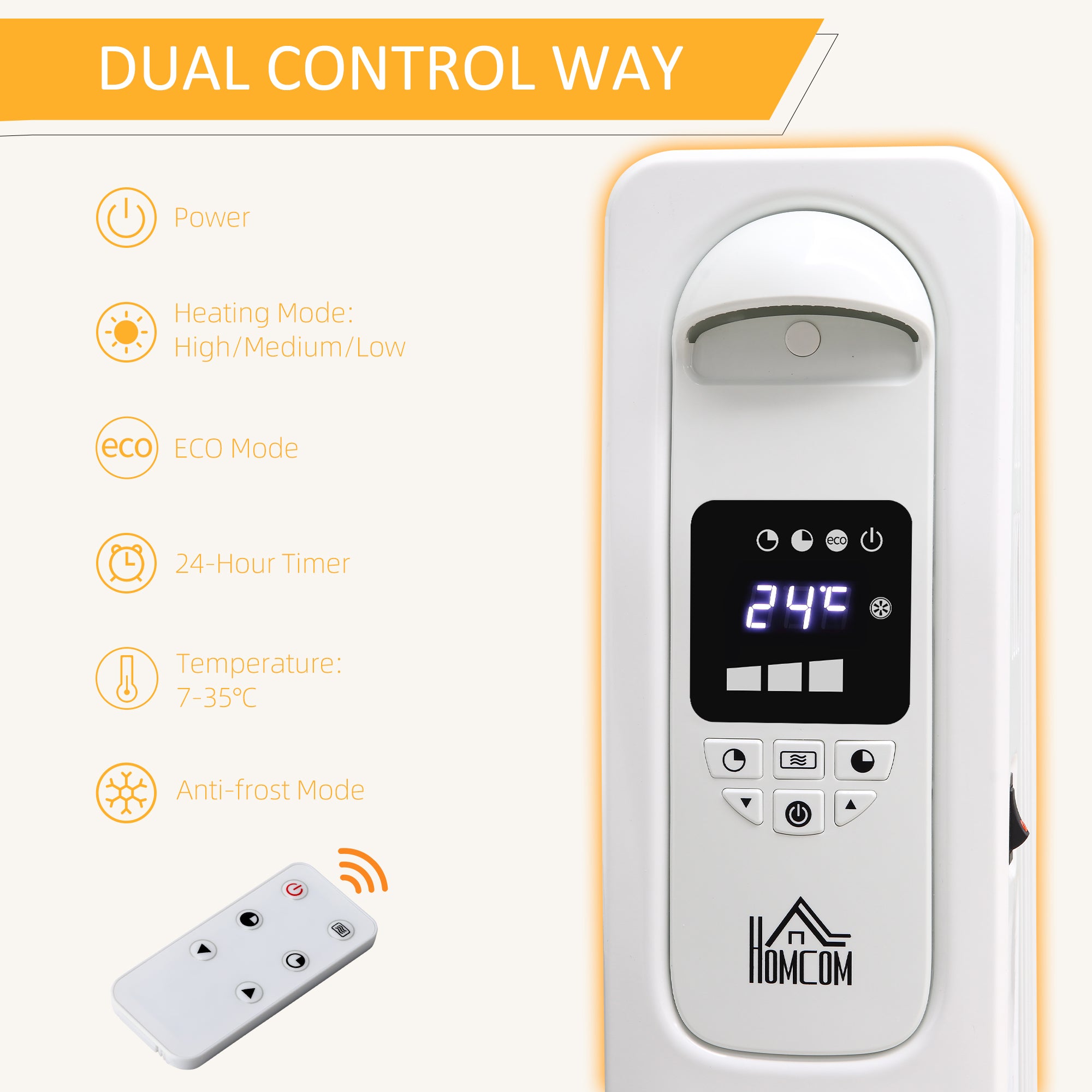 HOMCOM 2500W Digital Display Oil Filled Radiator, 11Fin Portable Electric Heater with Timer, Adjustable Thermostat, Three Heat Settings, Safety Cut Off, Remote, White - North Peak Garden Furniture