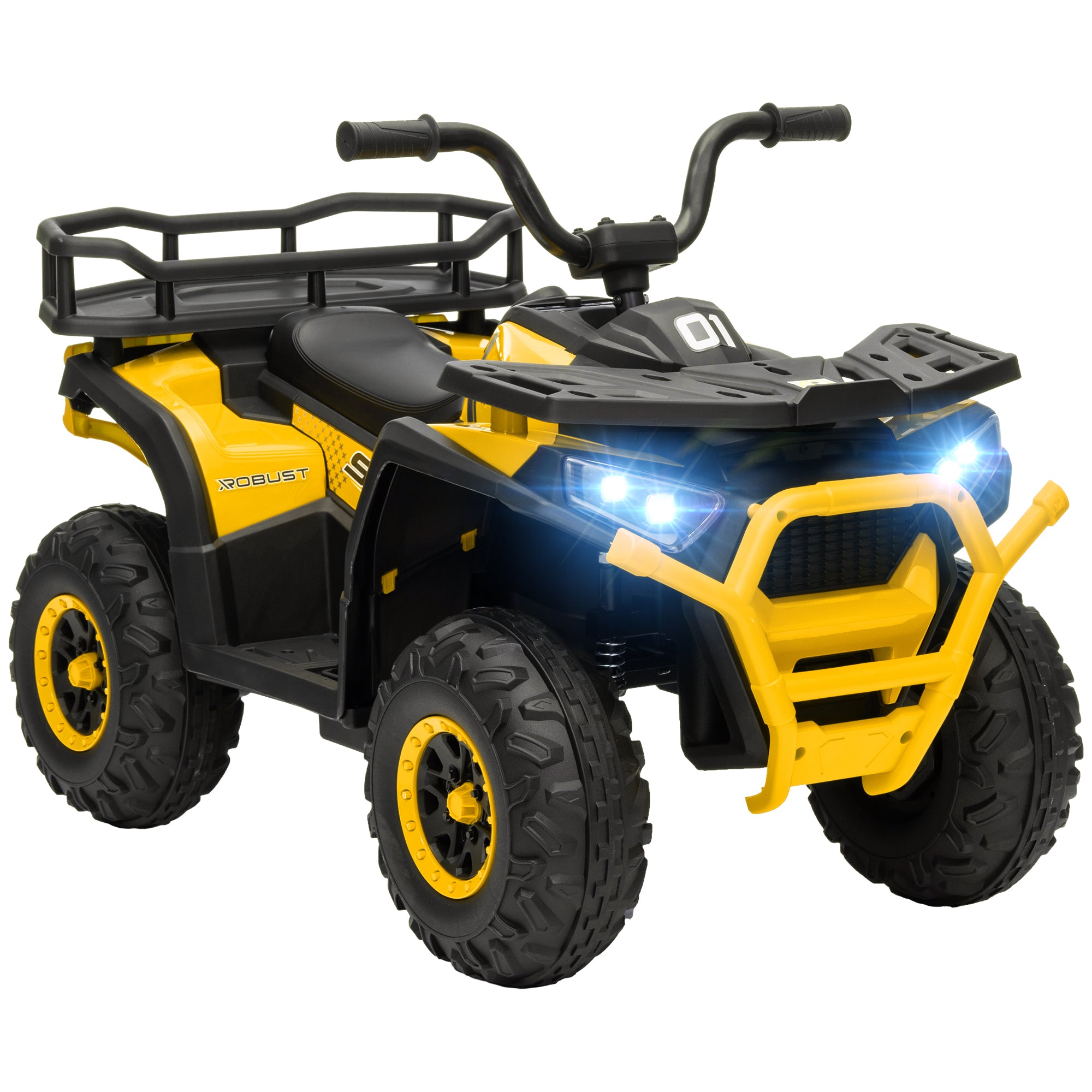 AIYAPLAY 12V Kids Electric Ride on ATV, Battery Powered Quad Bike w/ Spring Suspension, Forward Backward, Storage Basket - Yellow - North Peak Garden Furniture