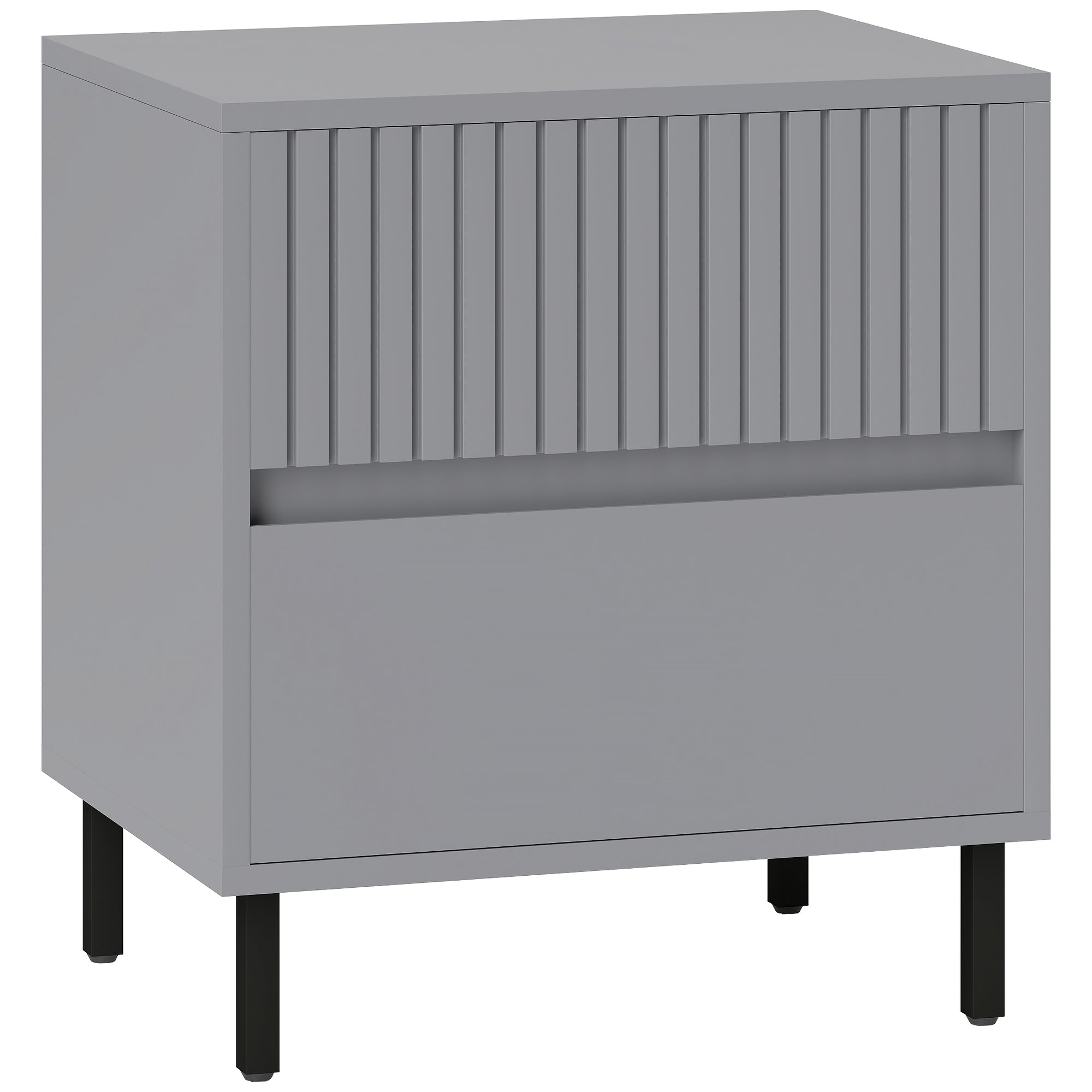 HOMCOM Simple Line Indented Two-Drawer Bedside Table - Grey - North Peak Garden Furniture
