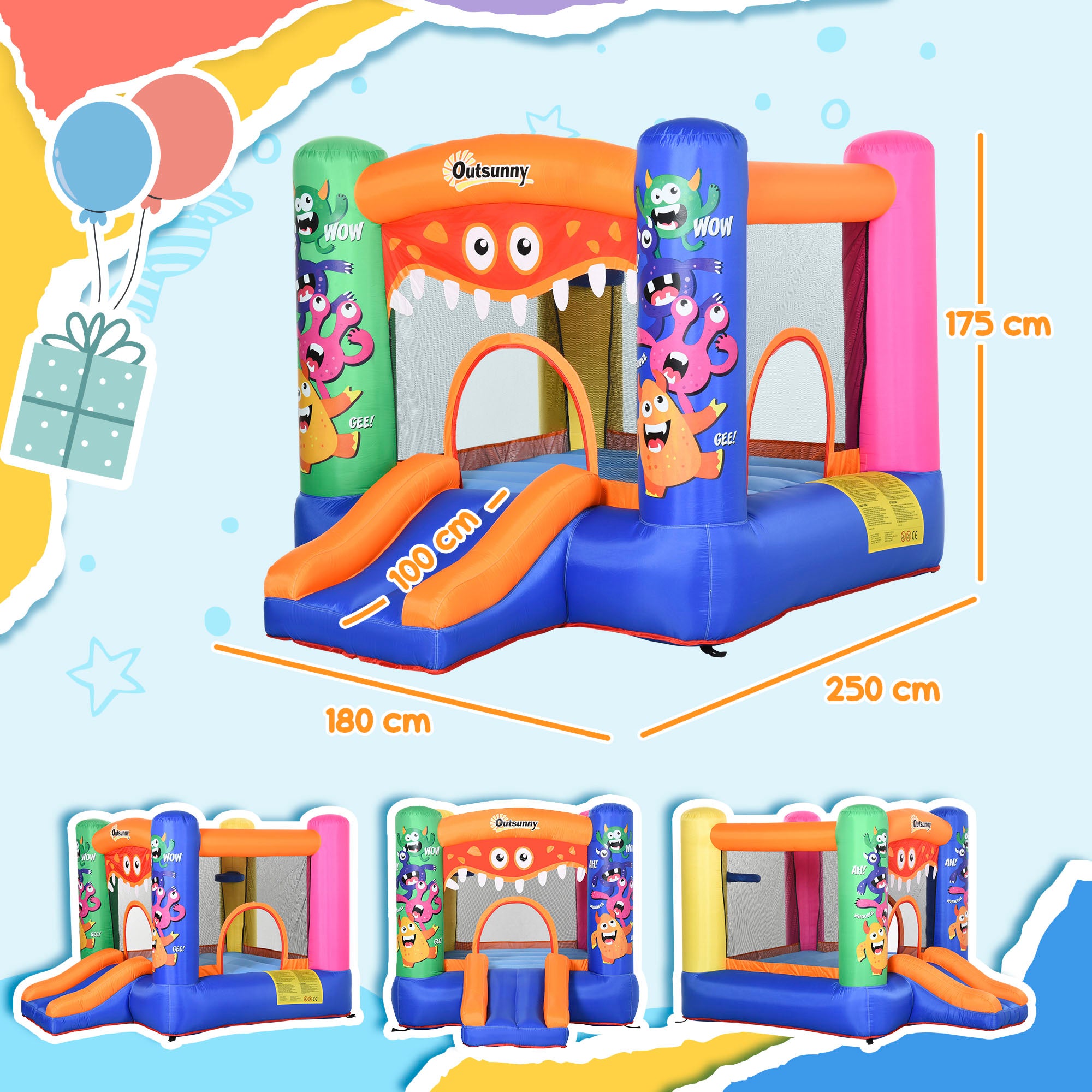 Outsunny Bouncy Castle Inflatable Basket Trampoline Slide Monster Design 180 x 250 x 175 (CM)
