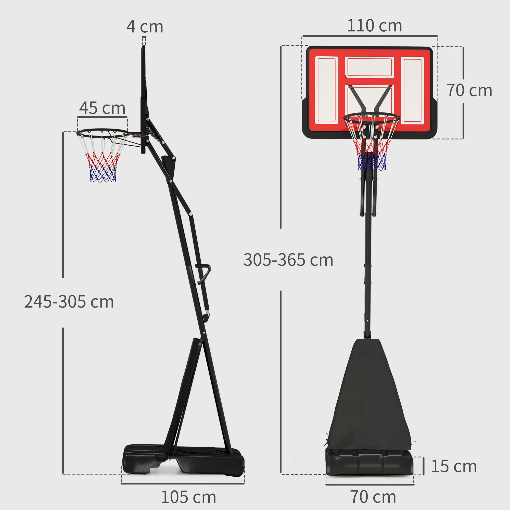 SPORTNOW Basketball Hoop Outdoor, Height Adjustable Basketball Hoop and Stand with Rebound System, Weighted Base, Portable on Wheels, 2.45-3.05m, for Teens, Juniors, Adults, Red - North Peak Garden Furniture