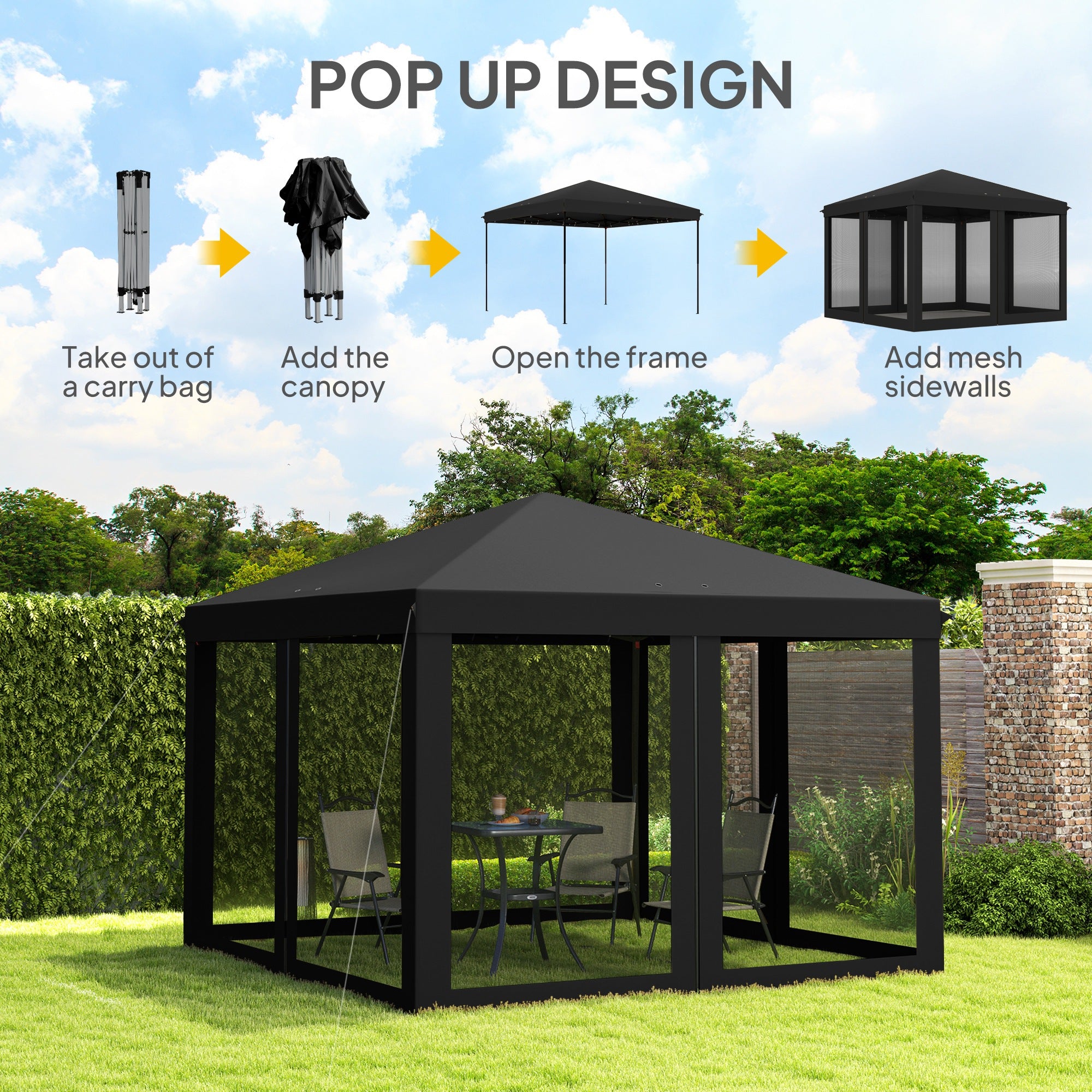 Outsunny 3 x 3 m Pop Up Gazebo, 420D Garden Tent Canopy with Removable Mesh Sidewall Netting, Carry Bag for Garden Patio Outdoor, Black - North Peak Garden Furniture