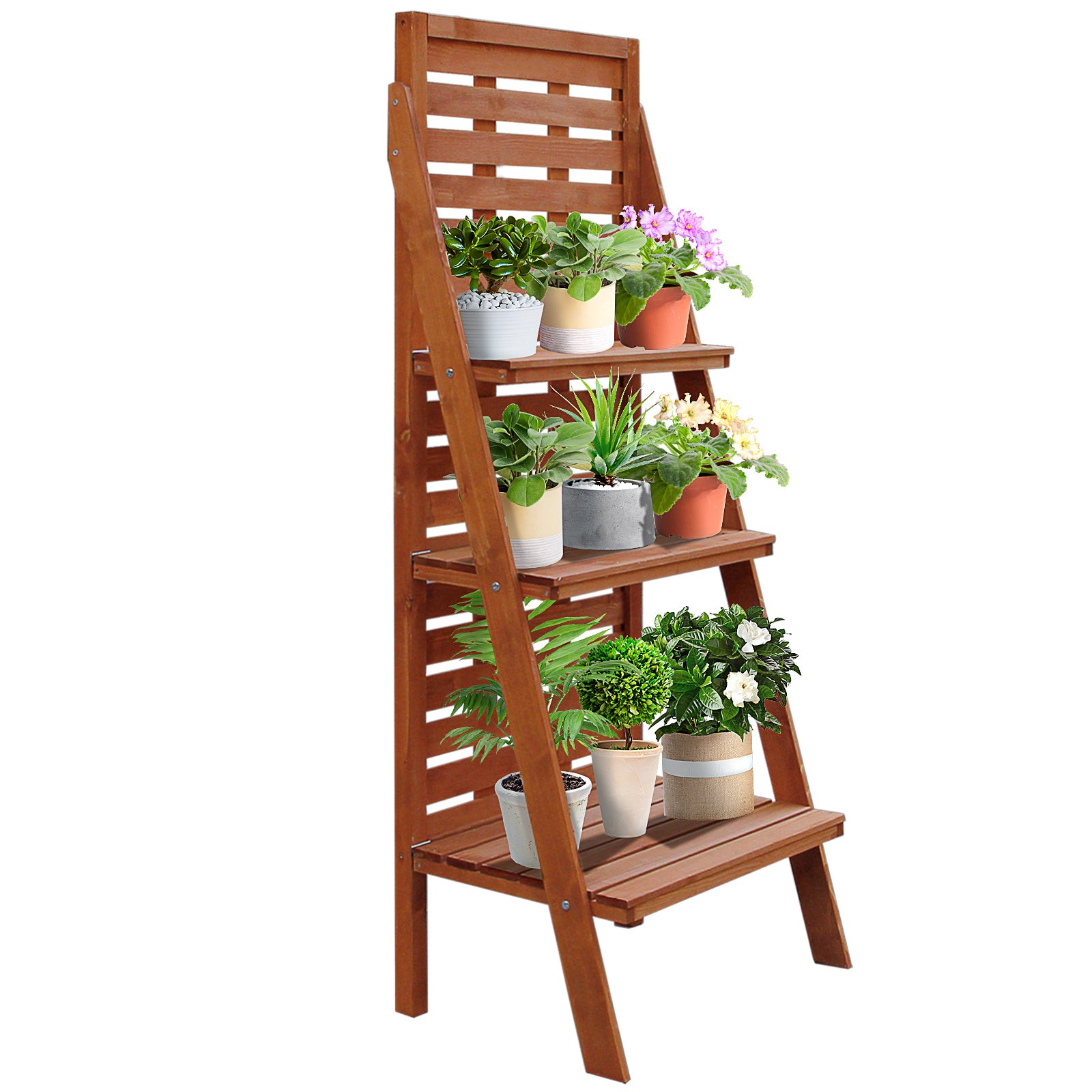 Outsunny Solid Wood Three-Tier Plant Rack Outdoor Organiser Unit Flower Herb Stand Ladder Design Storage Holder