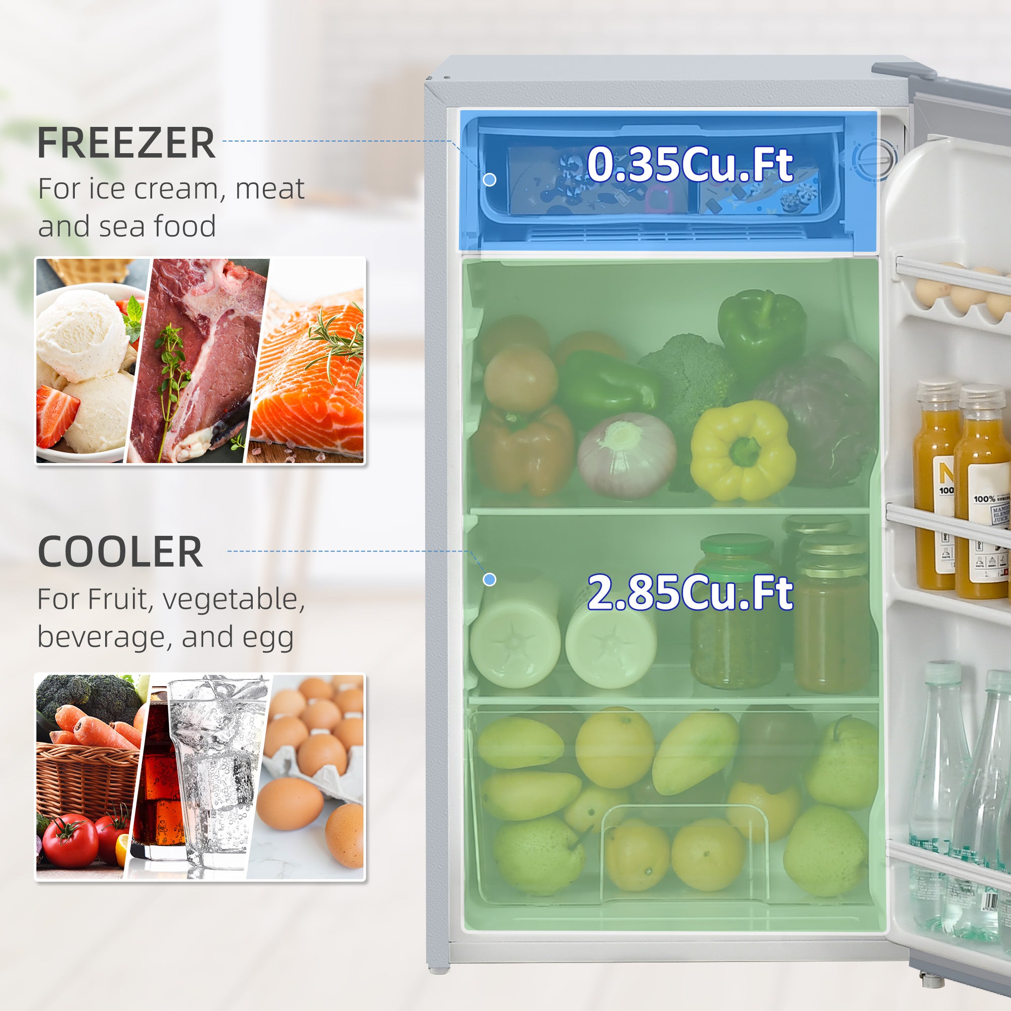HOMCOM 91 Litre Freestanding Under Counter Fridge Freezer with Chiller Box, Reversible Door, Adjustable Thermostat, 47.5cm Wide, Noise Level: Decibels 40, Grey - North Peak Garden Furniture