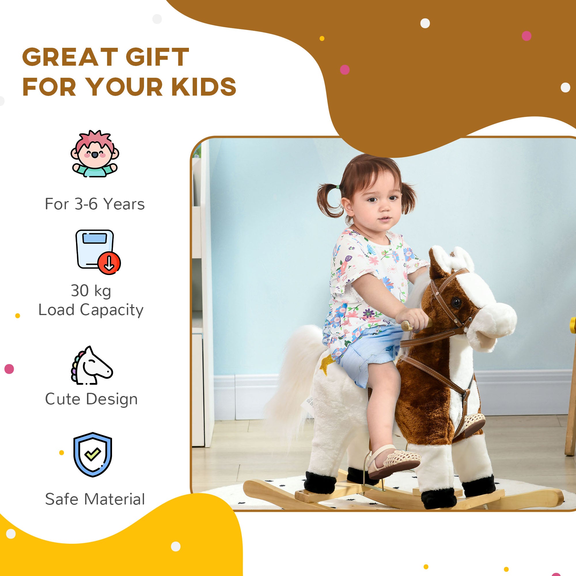 HOMCOM Rocking Horse, Ride-On Horse, with Music, Sounds, Saddle, for Ages 3-6 Years - Brown - North Peak Garden Furniture
