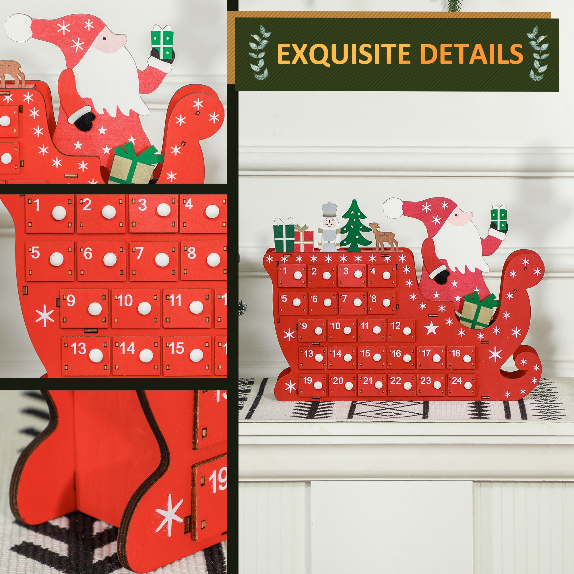 HOMCOM 24-Drawer Reusable Santa Sleigh Christmas Advent Calendar