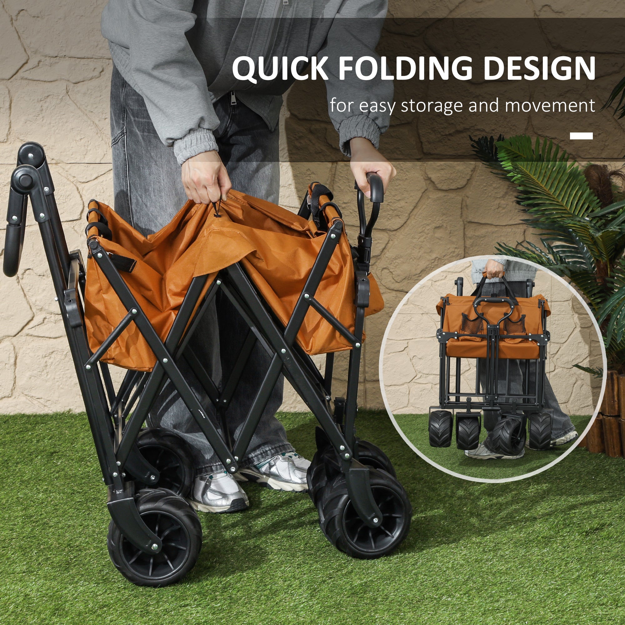 Outsunny Folding Trolley Cart Storage Wagon Beach Trailer 4 Wheels with Handle Overhead Canopy Cart Push Pull For Shopping Camping, Orange - North Peak Garden Furniture