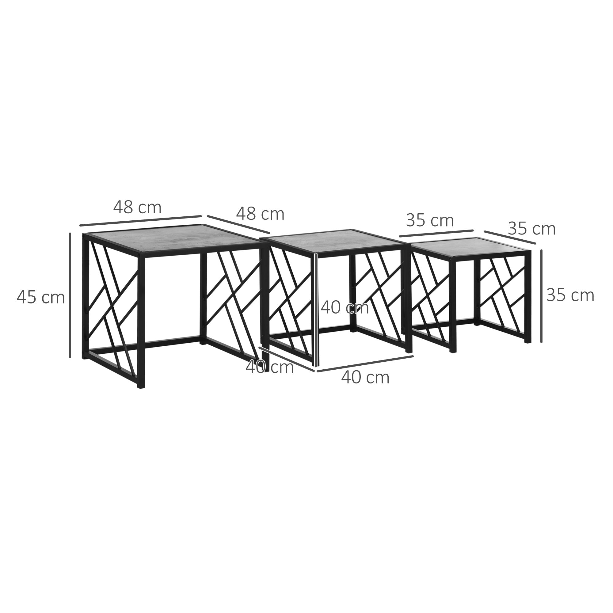 HOMCOM Nesting Coffee Tables, Set of 3 Square Side Tables with Black Metal Frame, for Living Room, Bedroom and Office, Grey - North Peak Garden Furniture