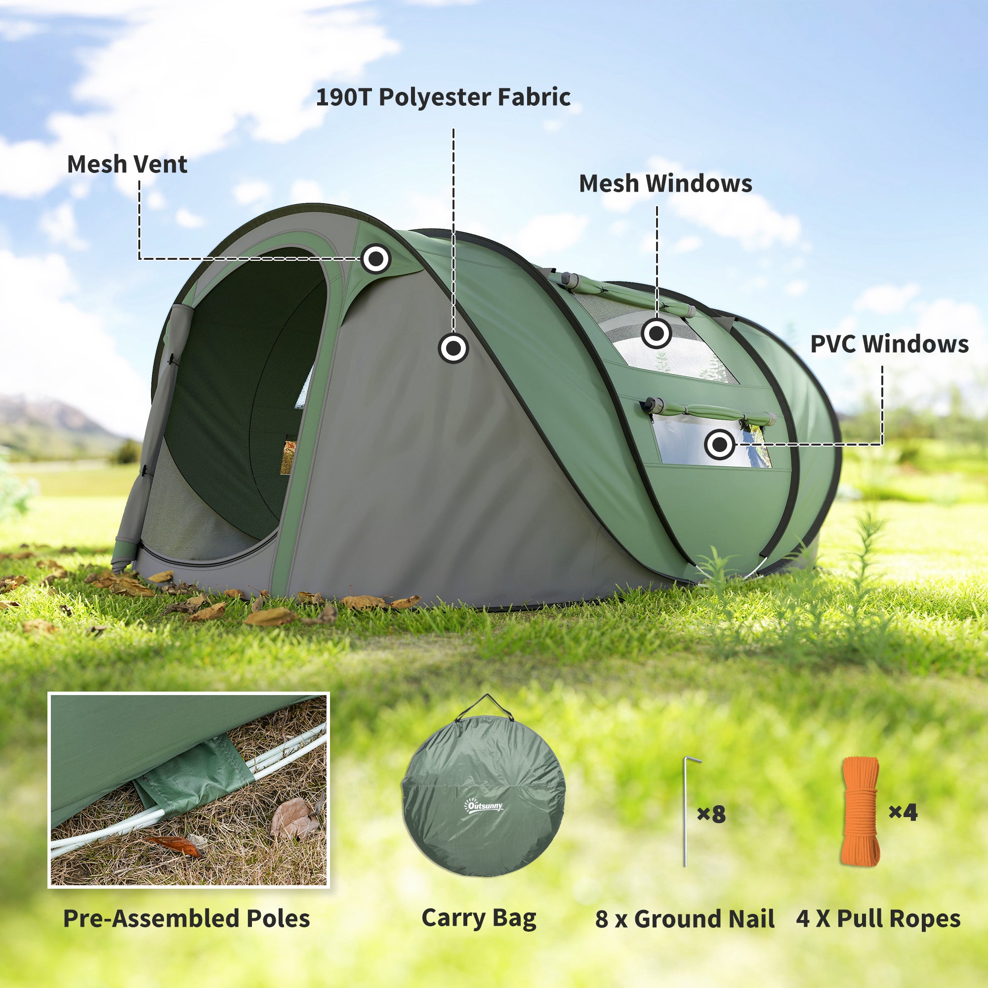 Outsunny 4-5 Person Pop-up Camping Tent Waterproof Family Tent w/ 2 Mesh Windows & PVC Windows Portable Carry Bag for Outdoor Trip, Dark Green
