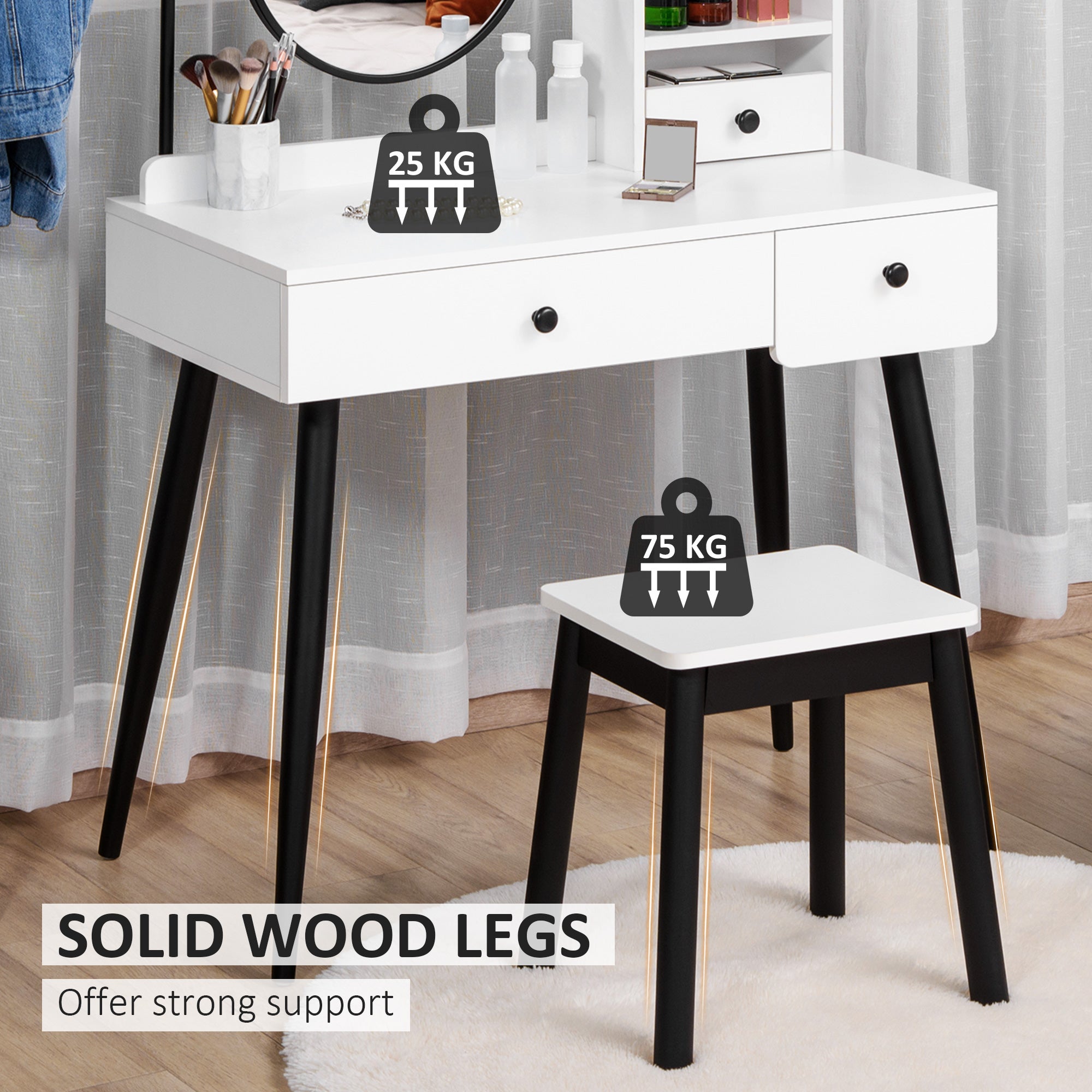 HOMCOM Dressing Table Set with Mirror and Stool, Vanity Makeup Table with 3 Drawers and Open Shelves for Bedroom, Living Room, White - North Peak Garden Furniture