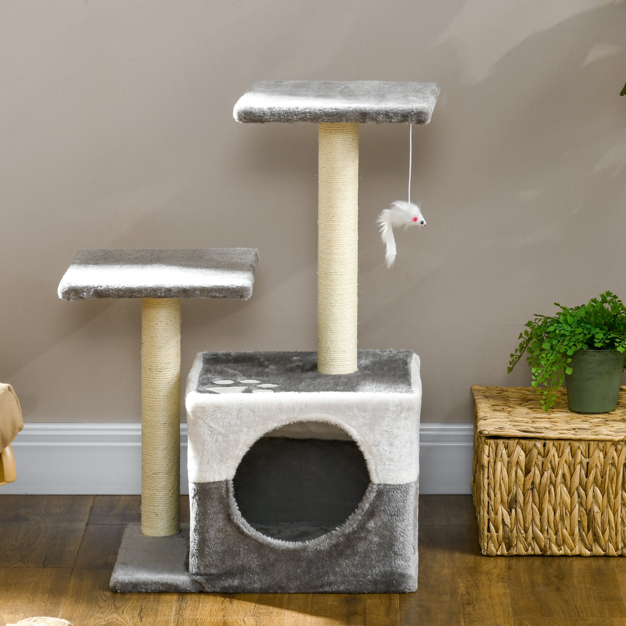 PawHut Cat Tree w/ Sisal Scratching Posts, House, Perches, Toy Mouse, Grey - North Peak Garden Furniture