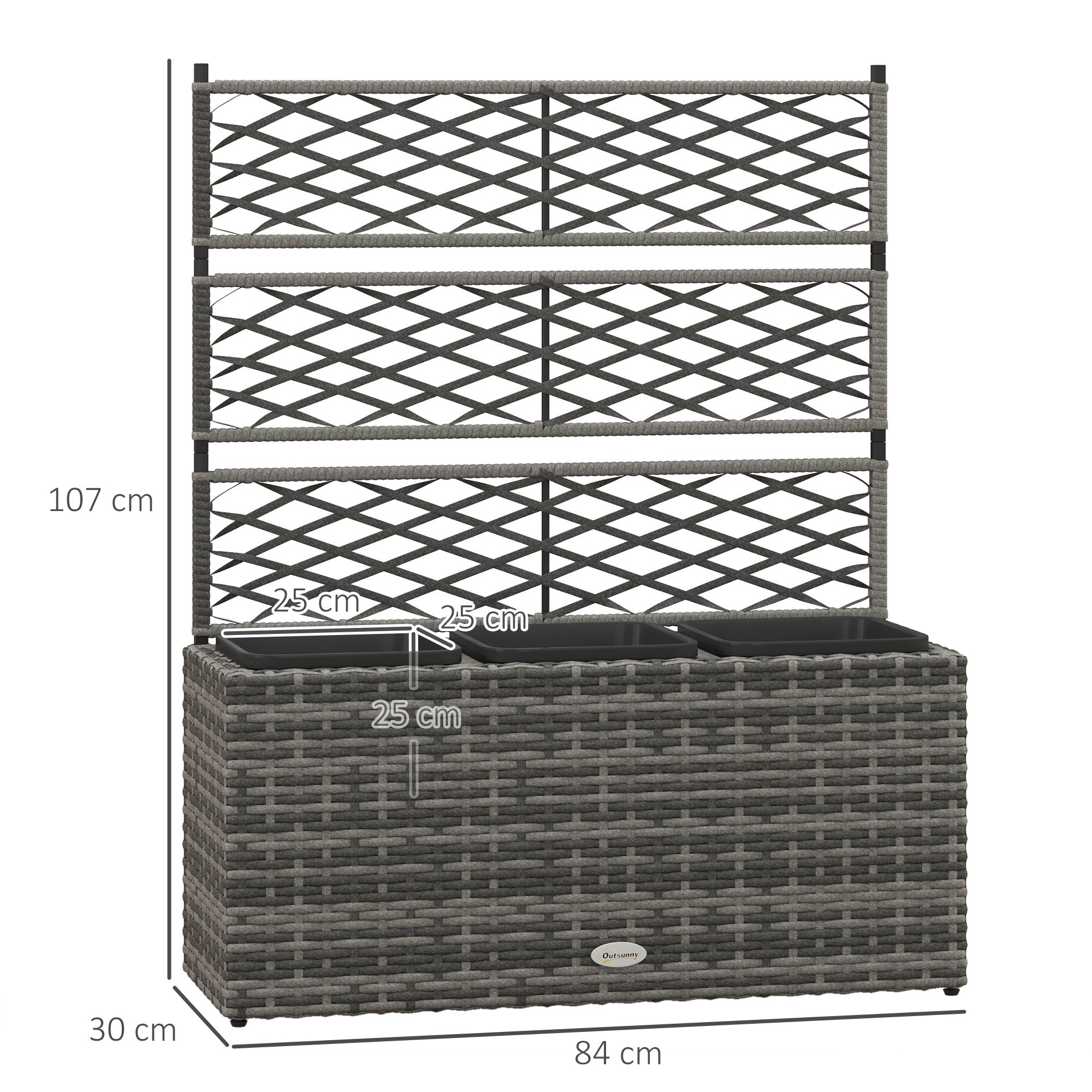 Outsunny 33L Garden PE Rattan Planter with Trellis, Free Standing Flower Raised Bed for Garden, Garden Planter for Climbing Plants, 84cm x 30cm x 107cm, Light Grey - North Peak Garden Furniture