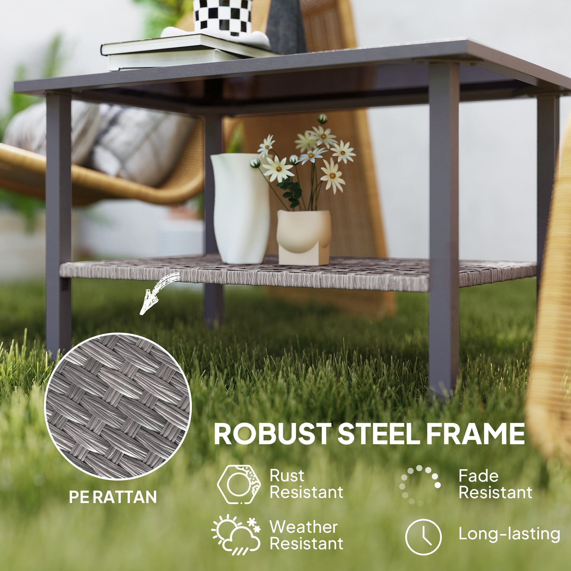 Outsunny Outdoor Rattan Coffee Table with Tempered Glass Top, Storage Shelf, Foot Pads, for Patio, Balcony, Mixed-grey - North Peak Garden Furniture