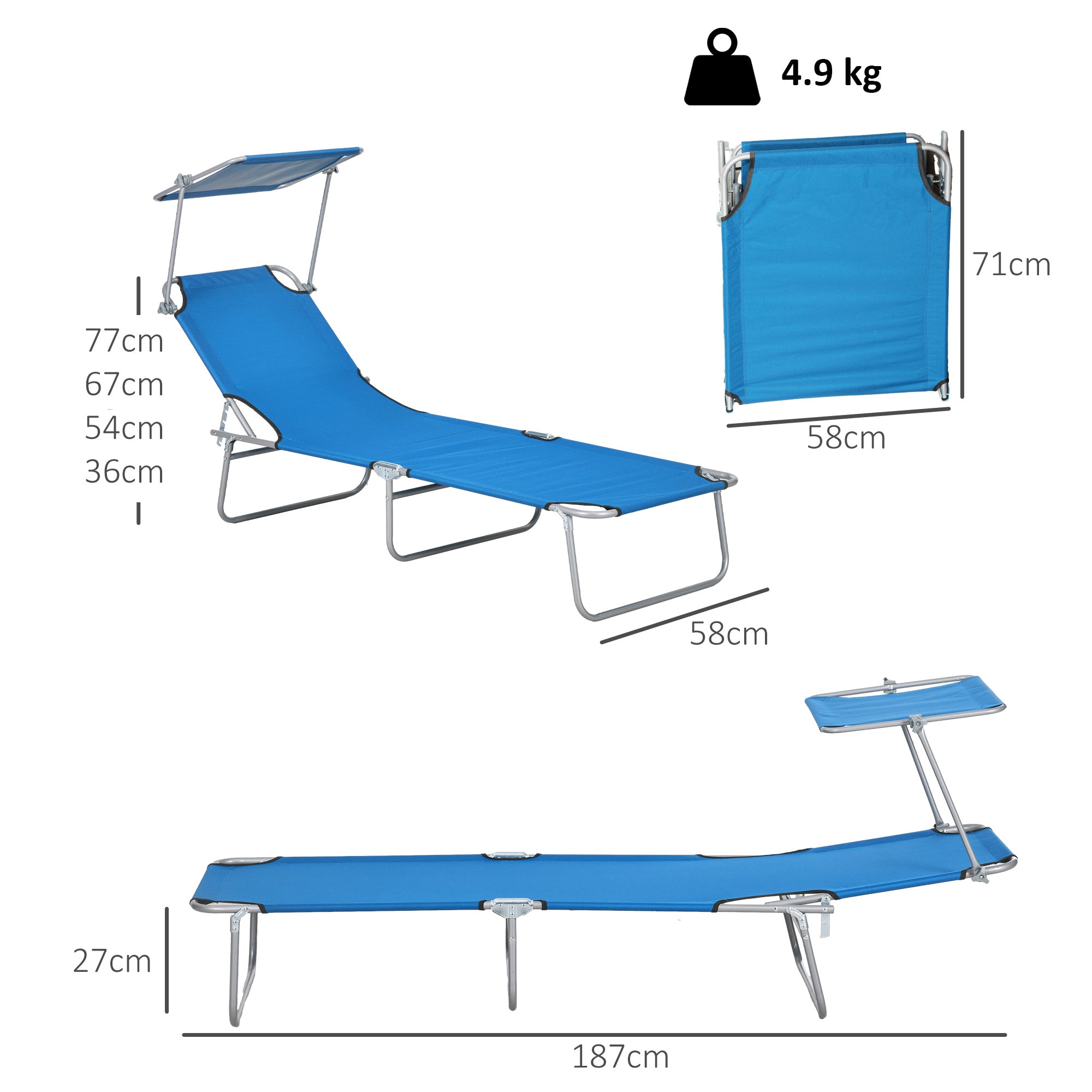 Outsunny Sun Lounger, with Adjustable Face Canopy - Bright Blue - North Peak Garden Furniture