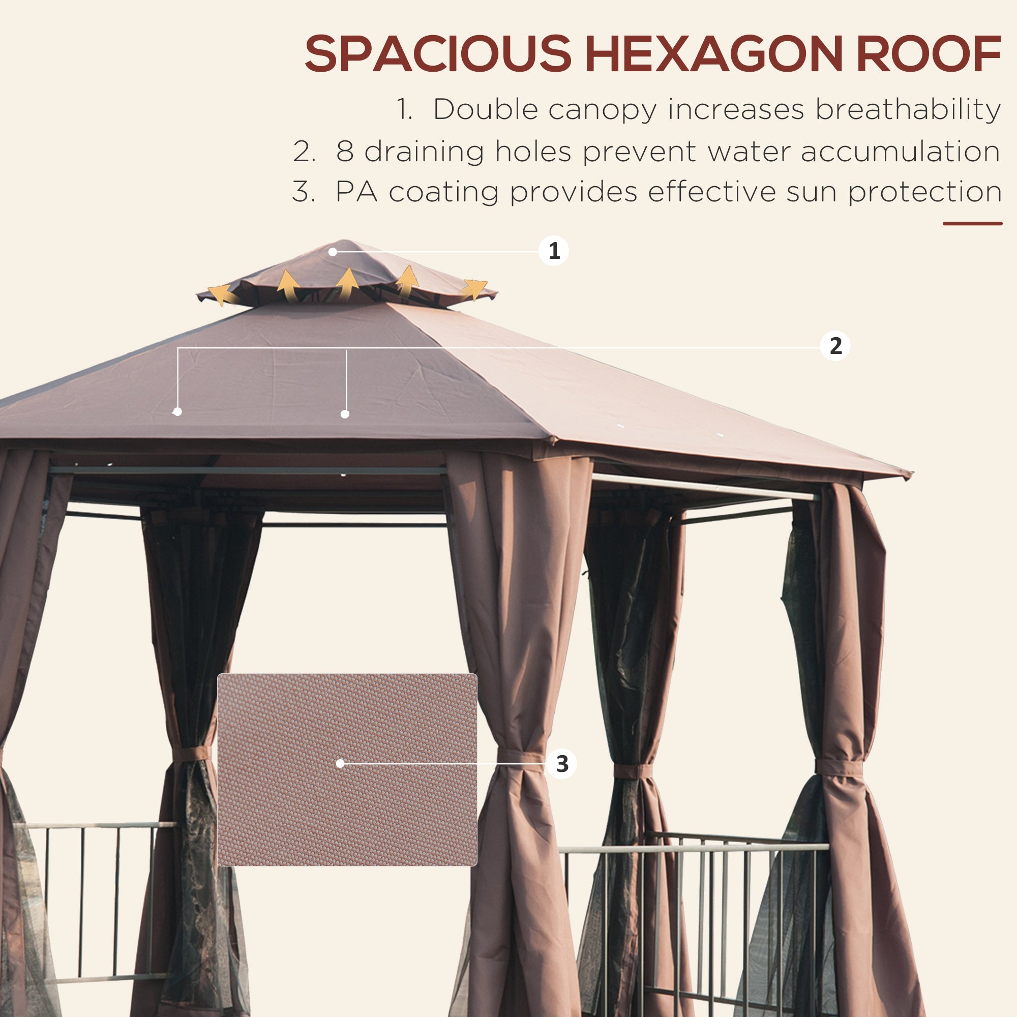 Outsunny 3 x 3(m) Hexagon Gazebo Patio Canopy Party Tent Outdoor Garden Shelter w/ 2 Tier Roof & Side Panel - Brown - North Peak Garden Furniture