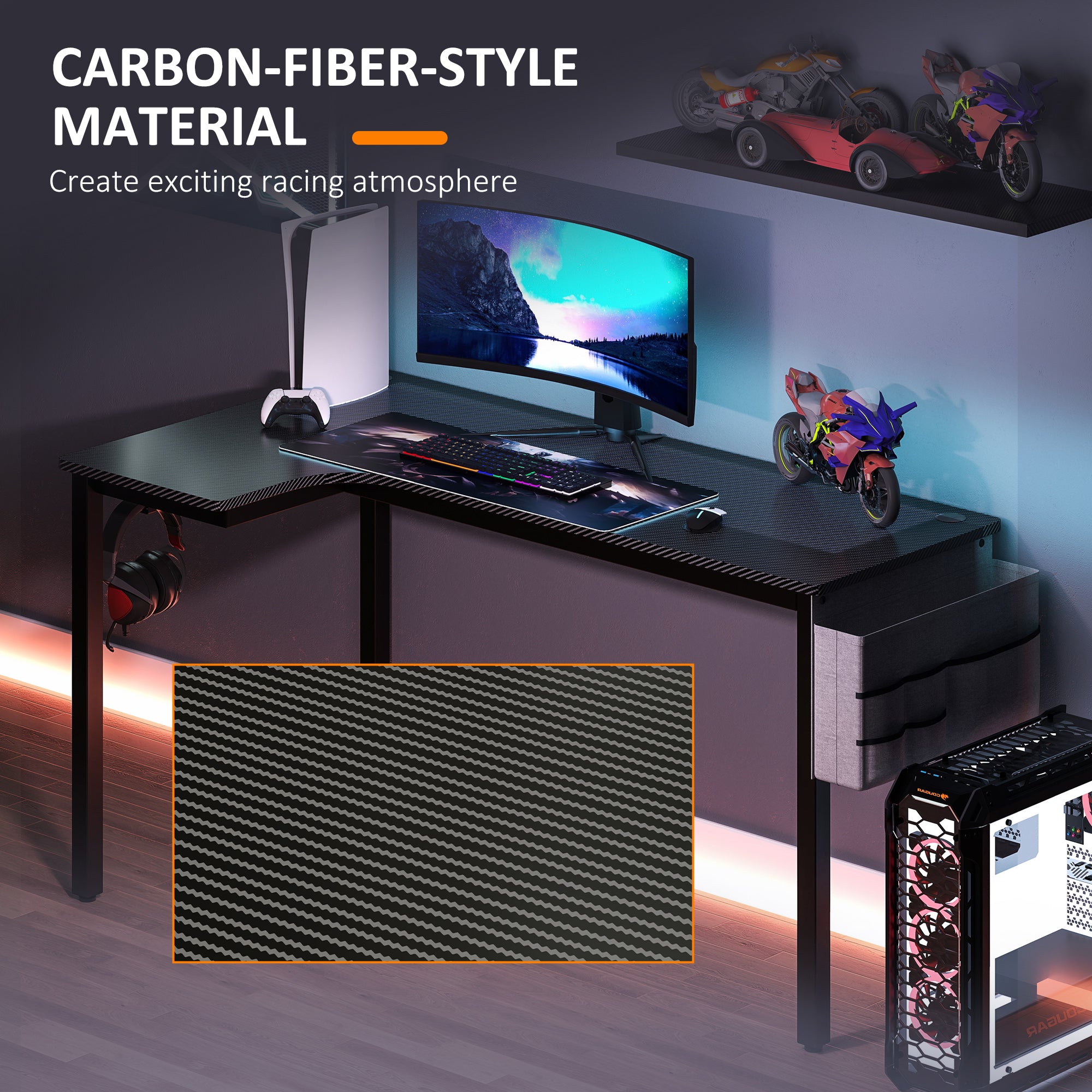 HOMCOM L-Shaped Computer Gaming Desk with Fabric Bag, Hooks and Cable Management, 145 x 81 x 76cm - Black - North Peak Garden Furniture