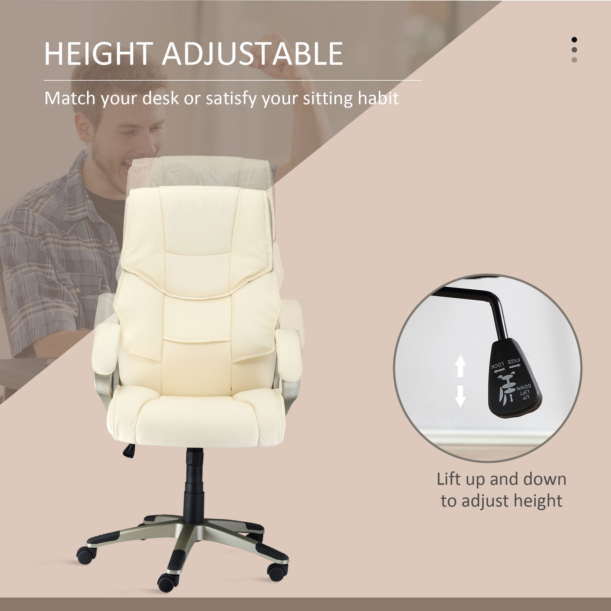 HOMCOM Home Office Chair High Back Computer Desk Chair with Faux Leather Adjustable Height Rocking Function Cream White - North Peak Garden Furniture