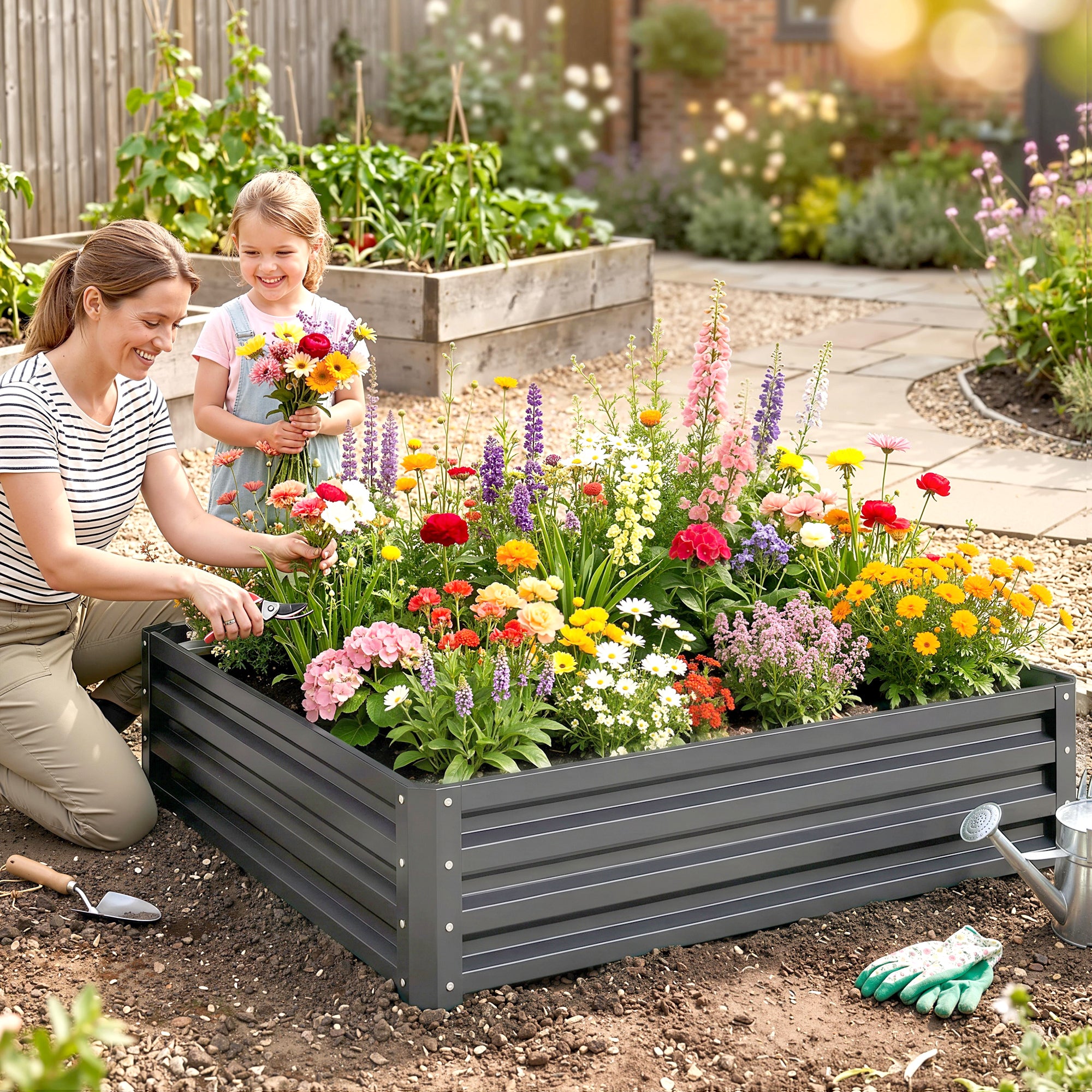 Outsunny 432L Square Raised Garden Bed Box Steel Frame for Vegetables, Flowers and Herbs, 120 x 120 x 30cm, Light Grey