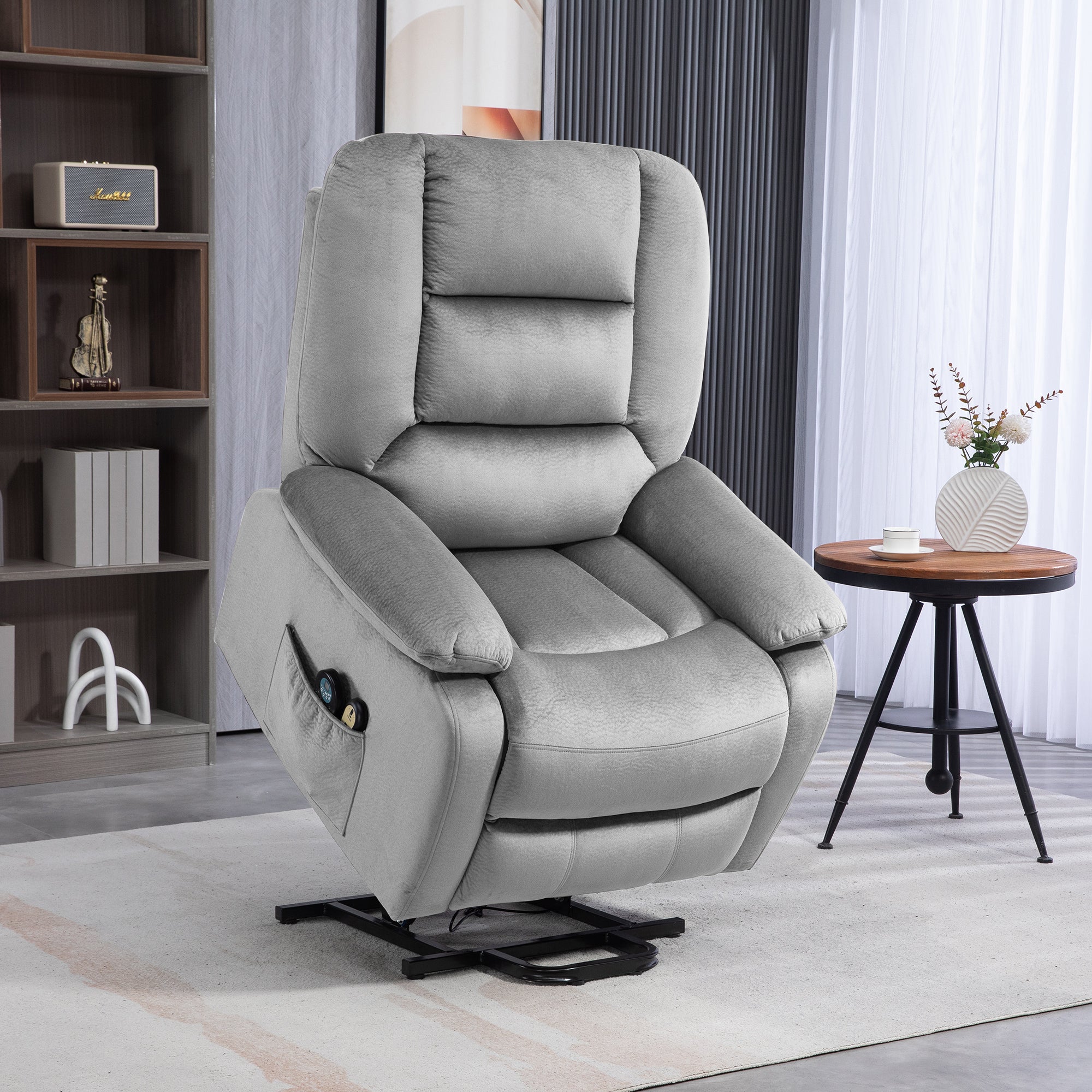 HOMCOM Velvet-Feel Electric Lift-and-Recline Massage Armchair, with Remote - Grey - North Peak Garden Furniture