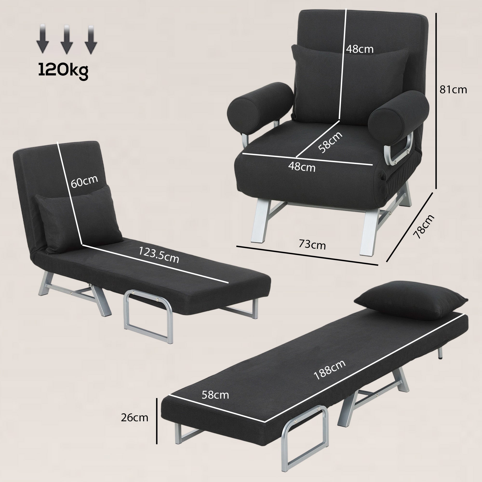 HOMCOM Single Sofa Bed, 3-in-1 Convertible Folding Chair Bed with Adjustable Backrest, Removable Armrests, Black