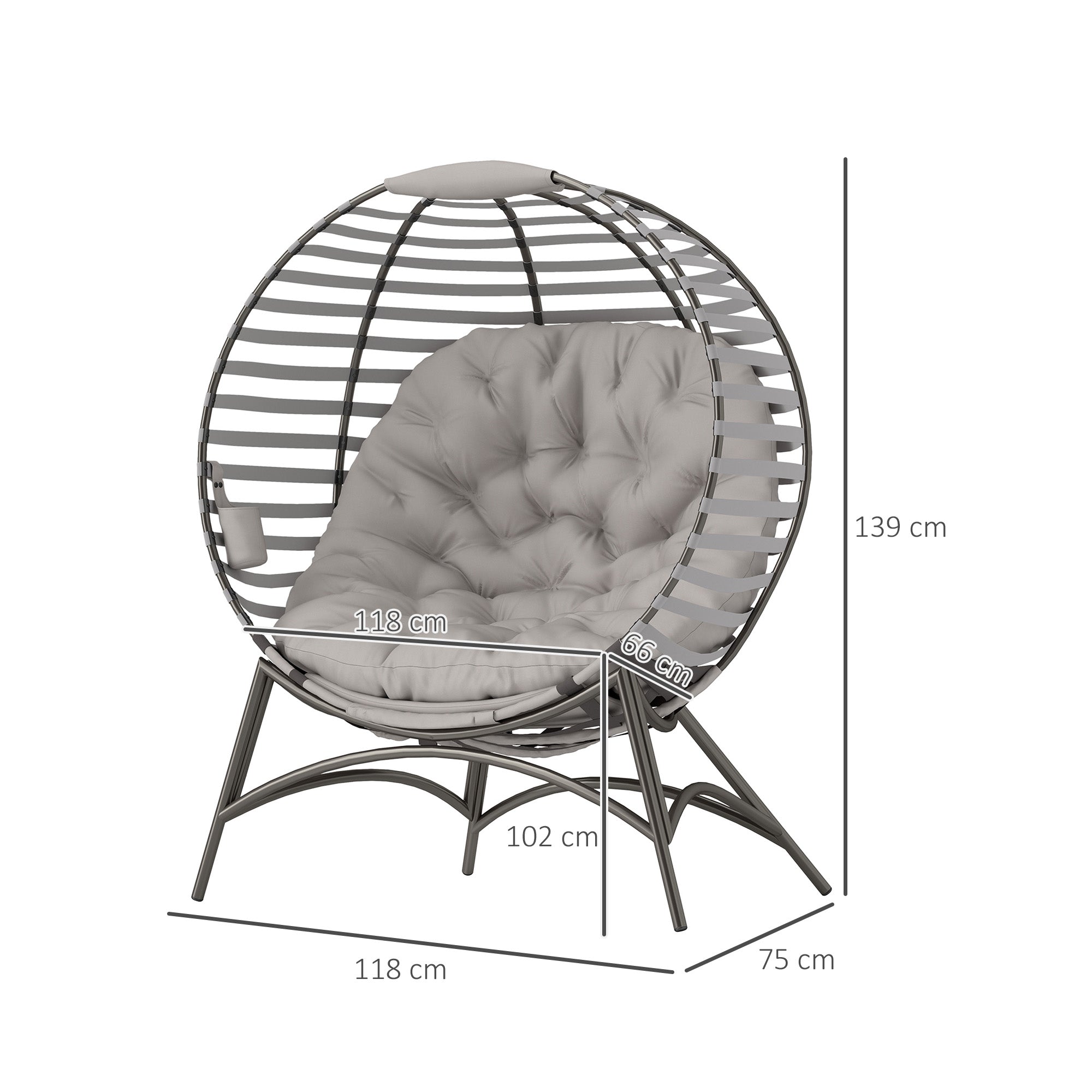 Outsunny Egg Chair with Cushion & Side Pocket - Light Grey - North Peak Garden Furniture