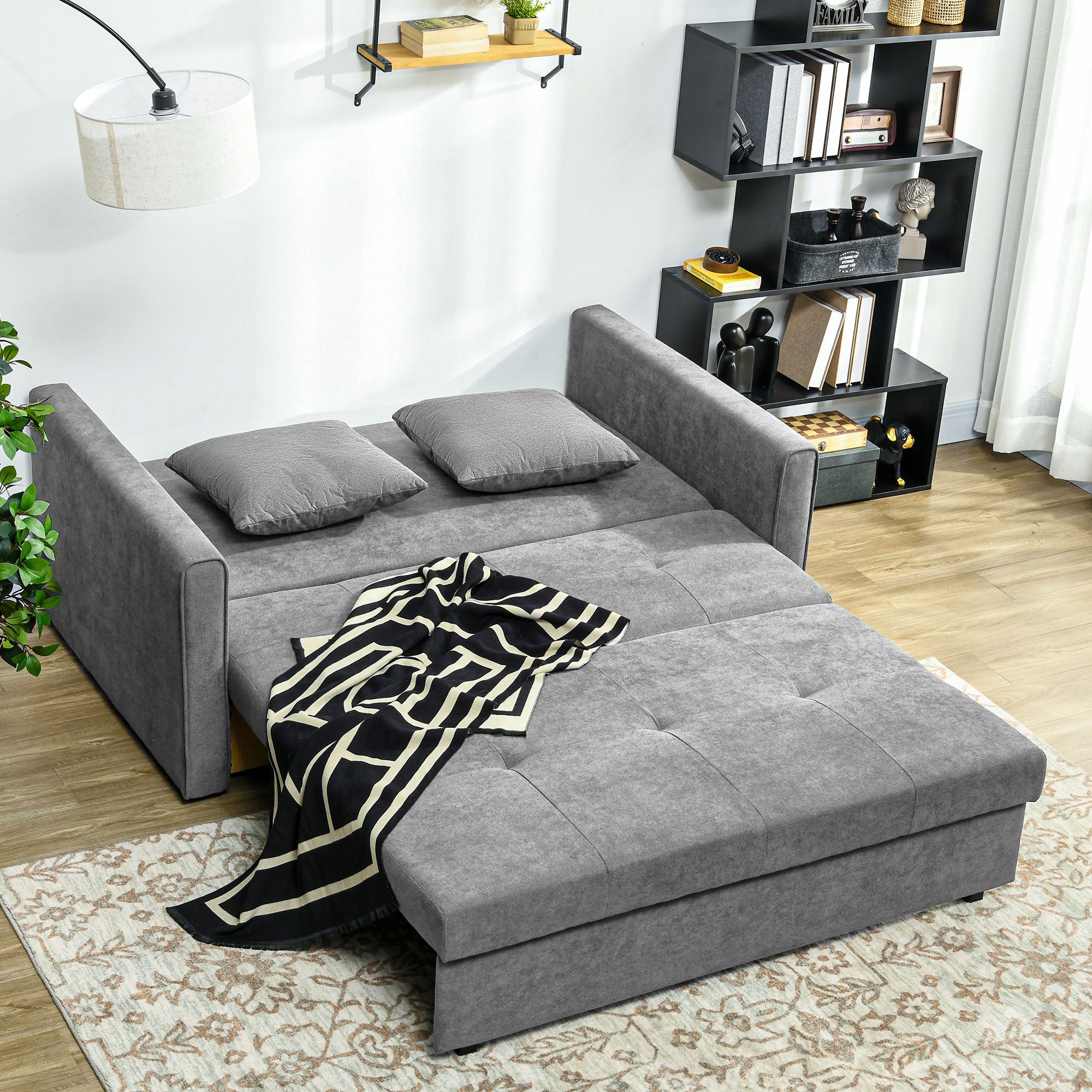 HOMCOM 2 Seater Sofa Bed, Convertible Bed Settee, Modern Fabric Loveseat Sofa Couch with 2 Cushions, Hidden Storage for Living Room, Guest Room, Light Grey - North Peak Garden Furniture