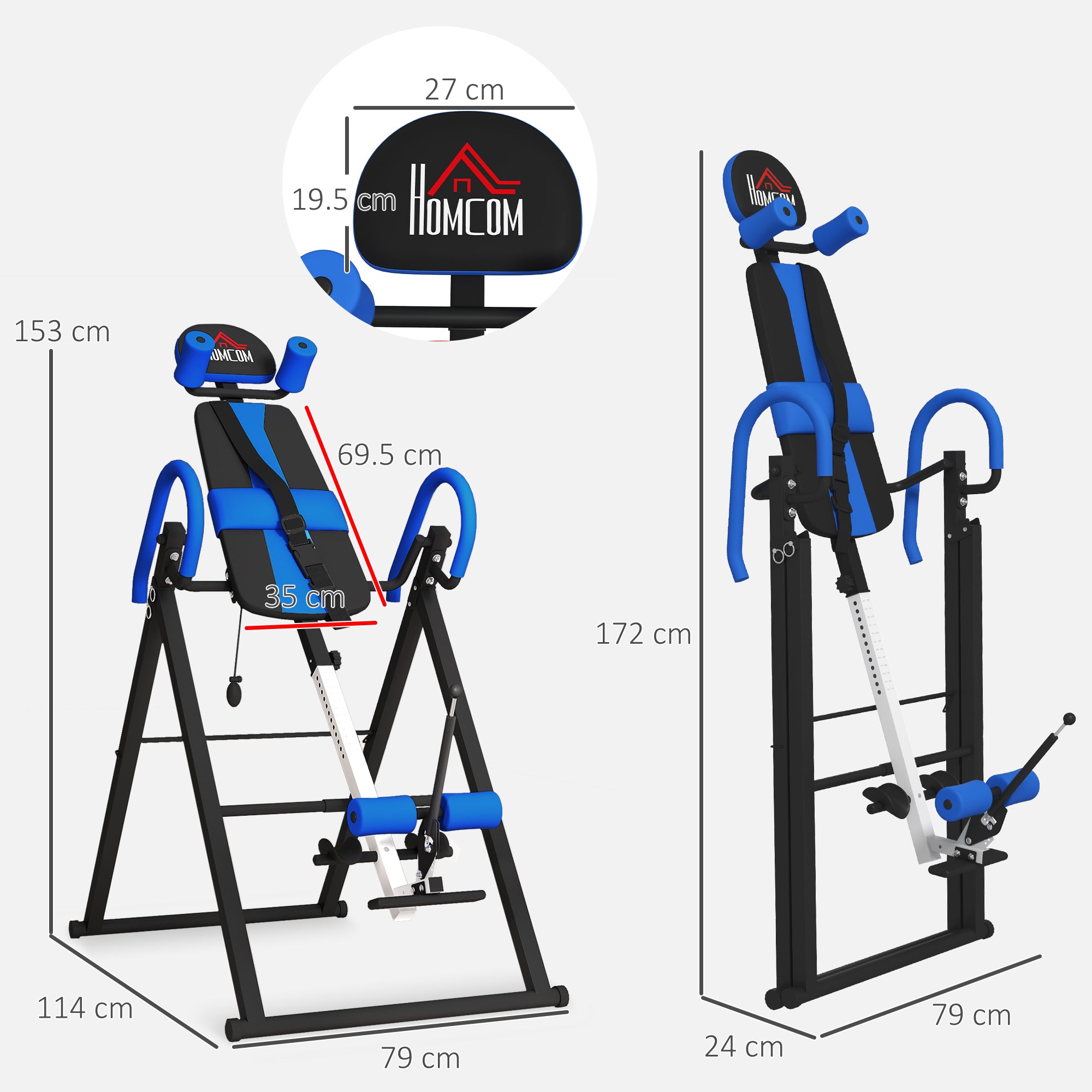 HOMCOM Gravity Inversion Table with Safety Belt Adjustable Hand Stand for Muscle Pain Relief, Blue - North Peak Garden Furniture