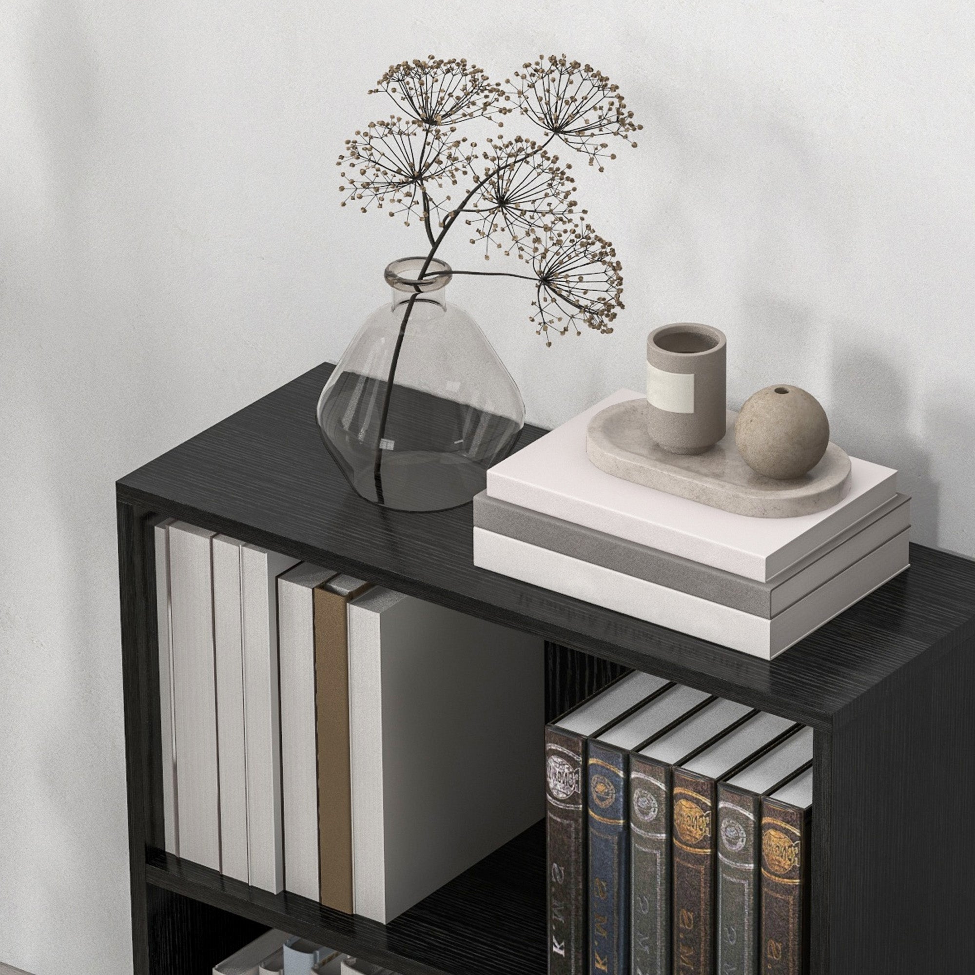 HOMCOM 2 Tier Bookshelf, Low Bookcase with Adjustable Shelf, 2 Compartments for Home Office, Living Room, Study, Black - North Peak Garden Furniture