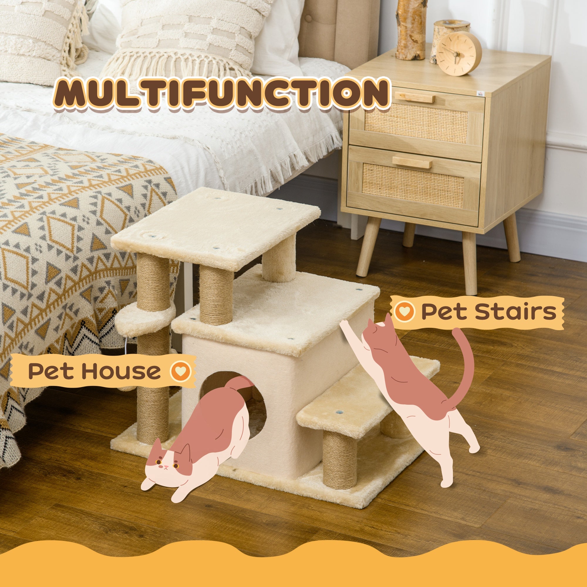 PawHut Adjustable Cat Steps, with House & Hanging Toy Ball - Beige