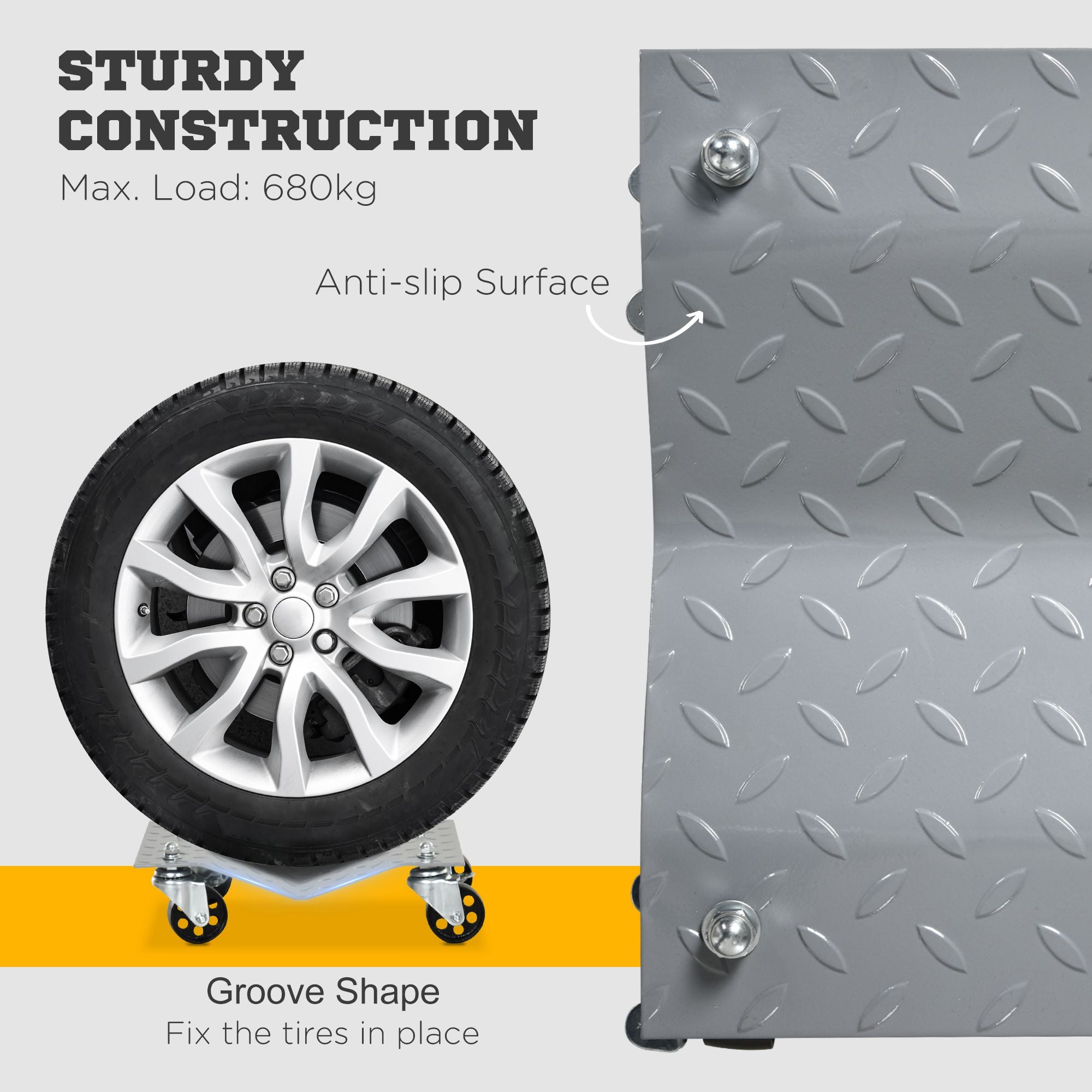 DURHAND 2 PCS Car Wheel Dollies with Swivel Casters, 680kg Capacity Car Dolly Skates Wheel Dolly Set with Non-Slip Metal Plates, Grey - North Peak Garden Furniture
